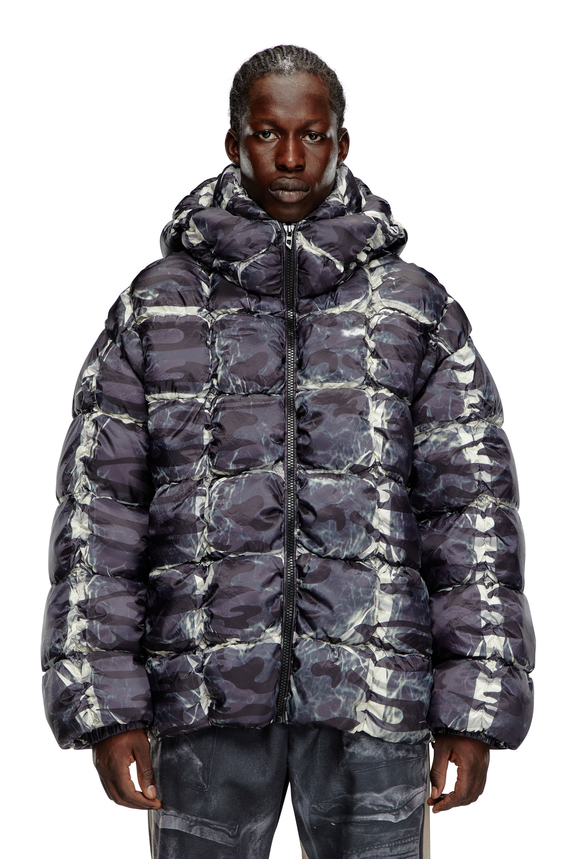 Men's Hooded puffer jacket with camo print | Grey | Diesel