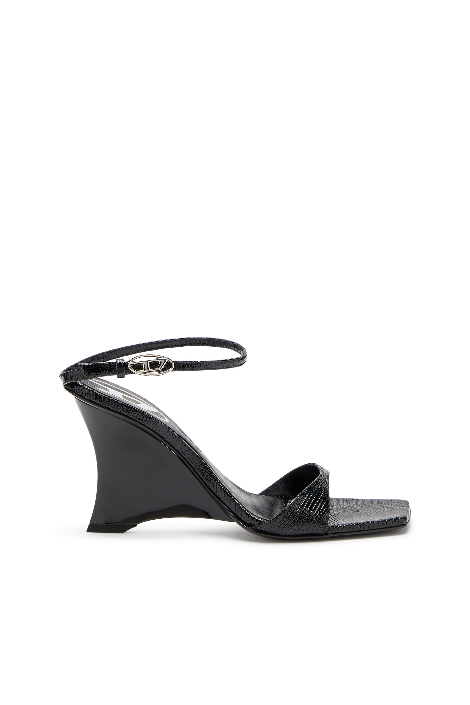 Diesel - D-AMBER SANDAL WEDGE, Sandales à talons compensés en cuir effet lézard Femme in Noir - 1