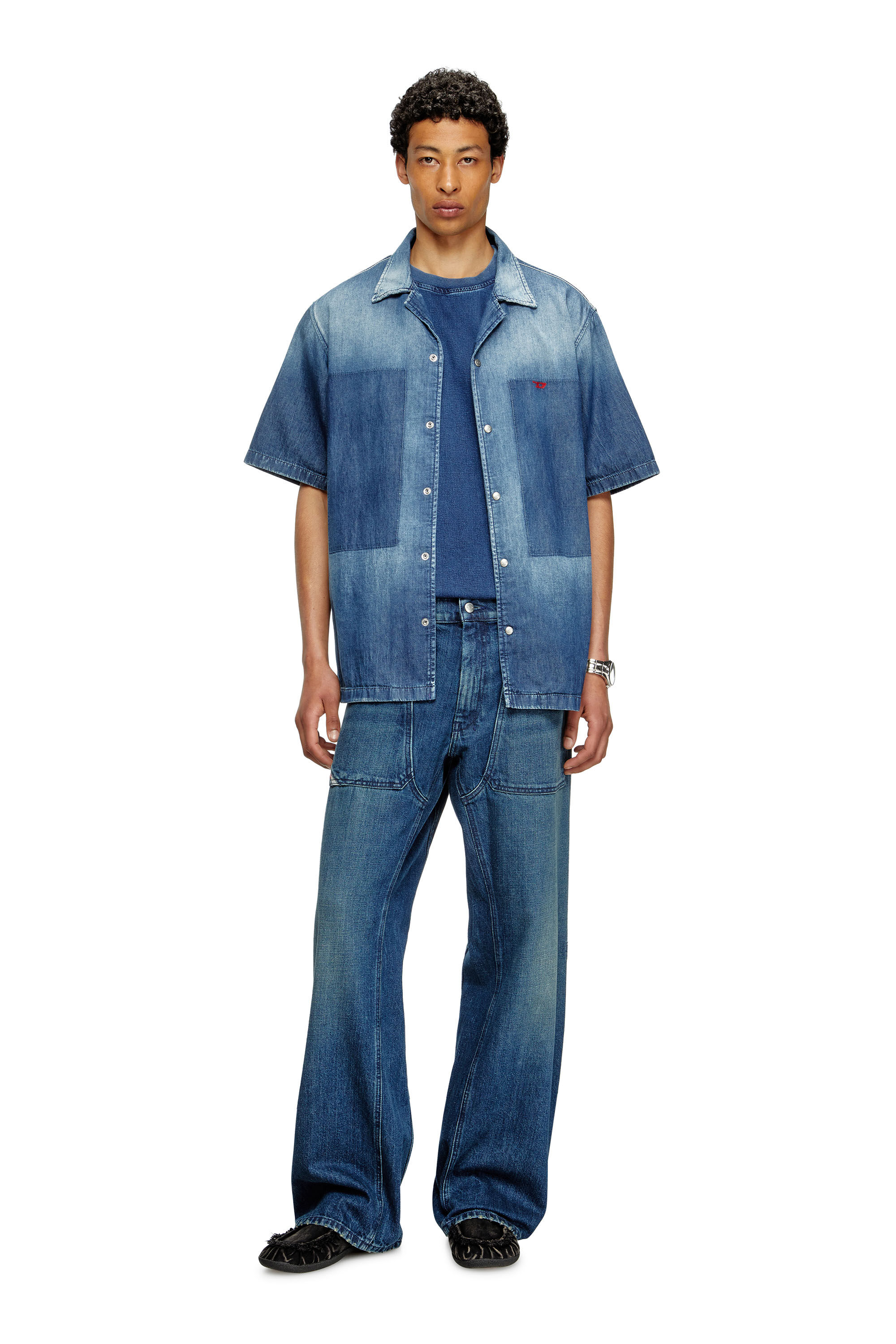 Diesel - D-NABIL-D, Chemise bowling en denim à effet contrasté Homme in Bleu - 1