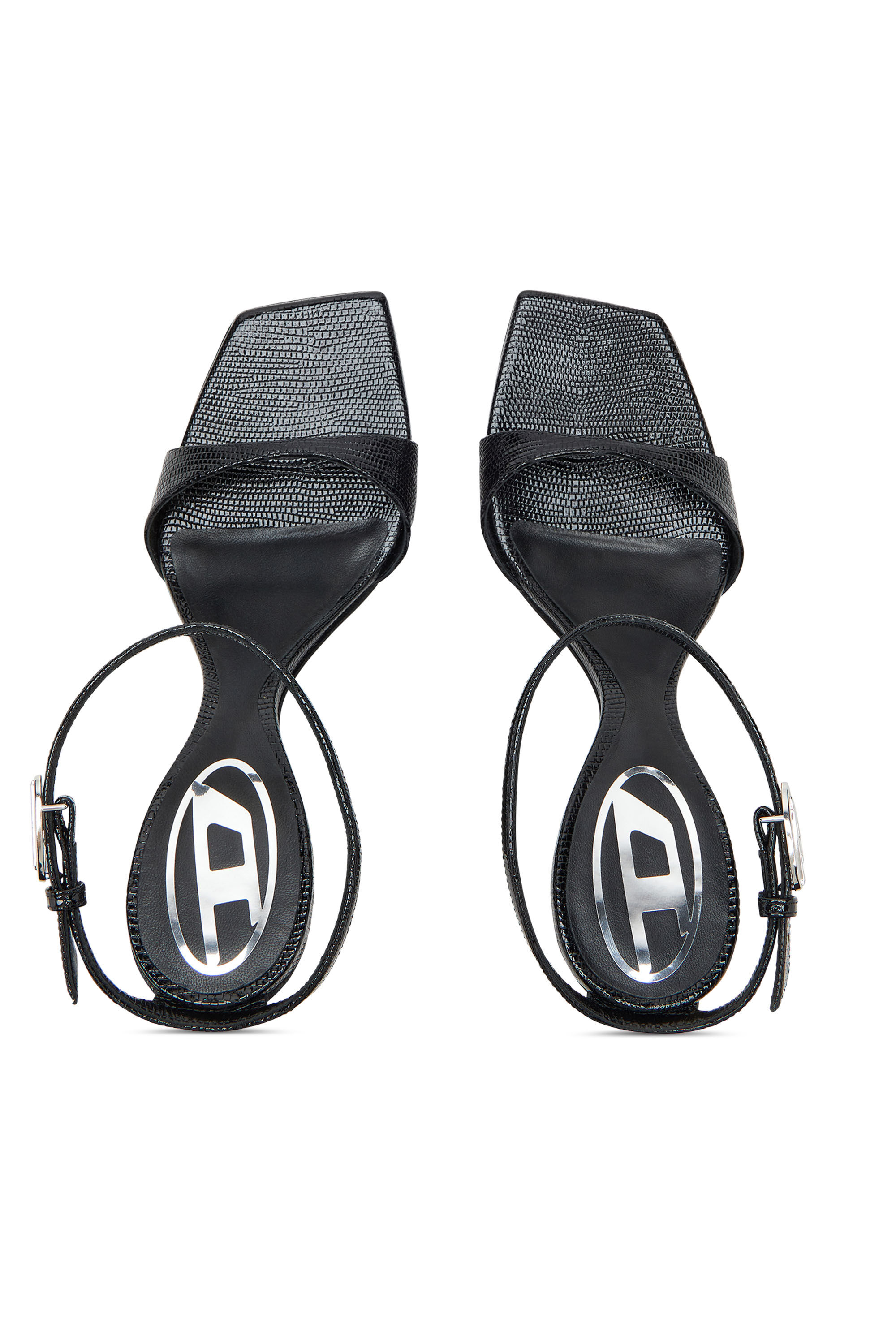 Diesel - D-AMBER SANDAL WEDGE, Sandales à talons compensés en cuir effet lézard Femme in Noir - 5