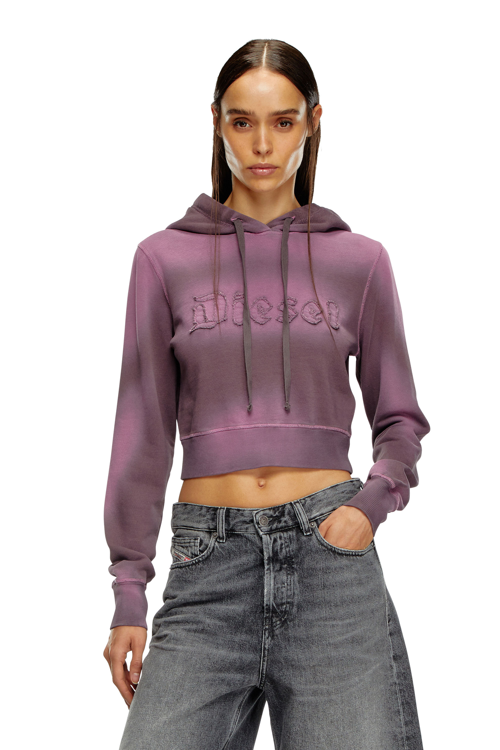 Sweat shirt a capuche surteint avec logo effiloche Femme Violet Diesel