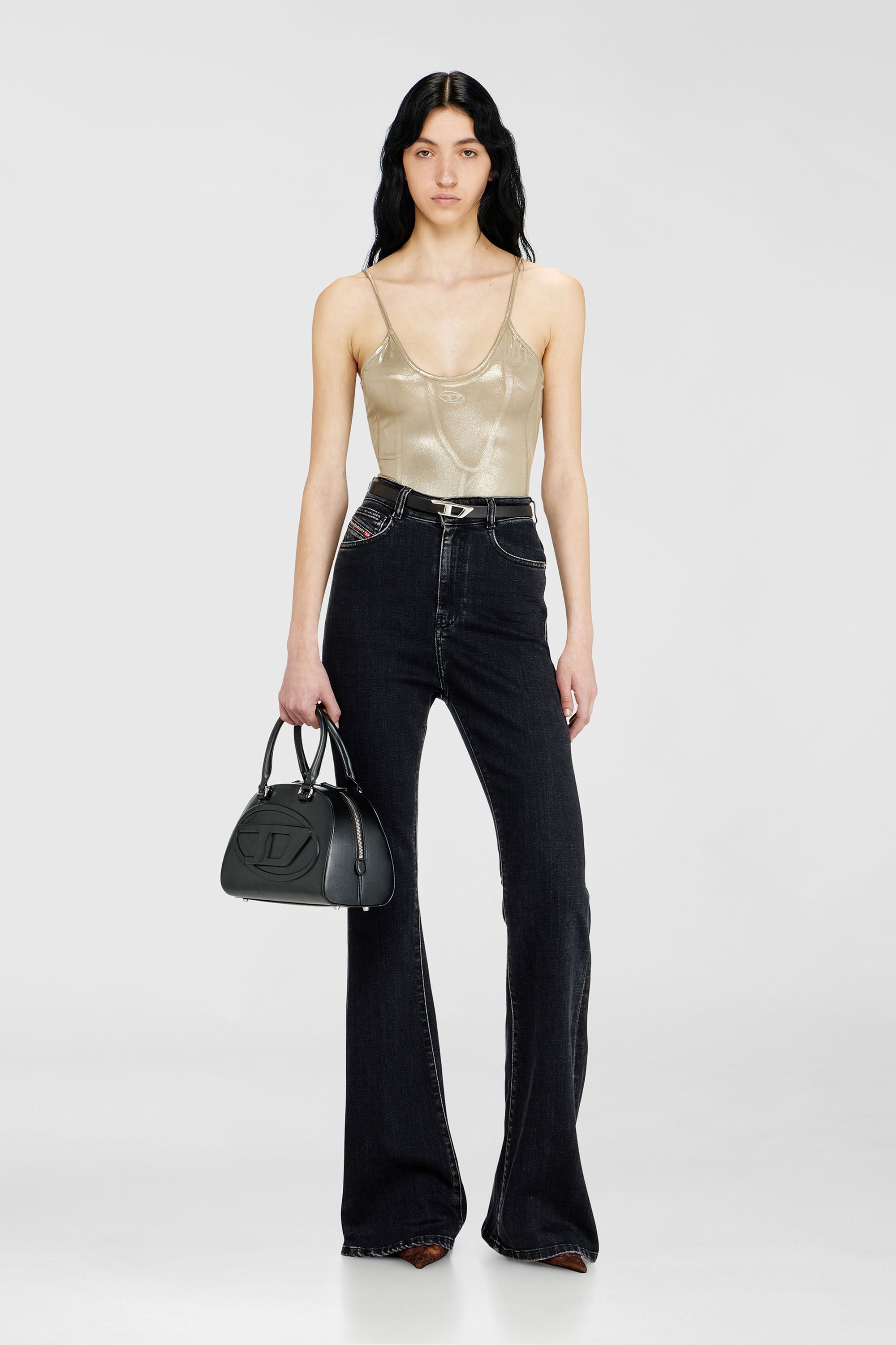 Diesel - T-IMYNY, Body en jersey brillant &agrave; col rond Femme in Dor&eacute; - 1