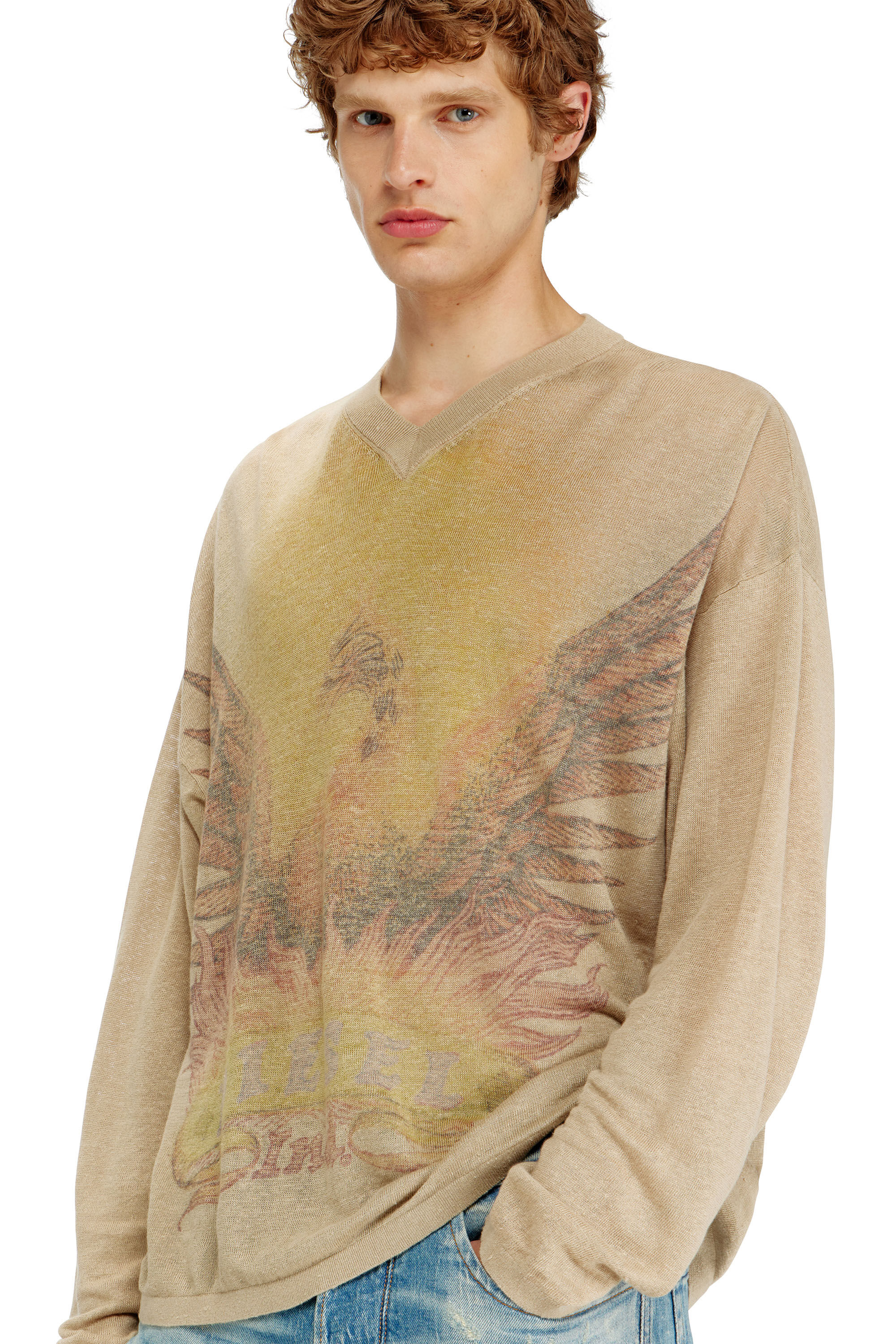 Diesel - K-ARMINS, Pull en lin avec imprim&eacute; Phoenix d&eacute;lav&eacute; Homme in Beige - 5