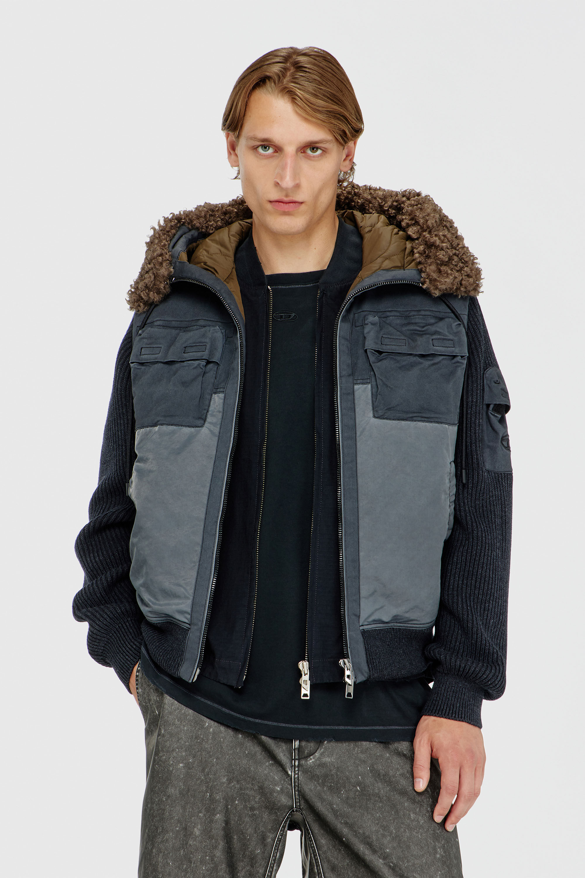 Diesel - W-DELLS, Veste &agrave; capuche matelass&eacute;e avec manches en maille Homme in Bleu - 3