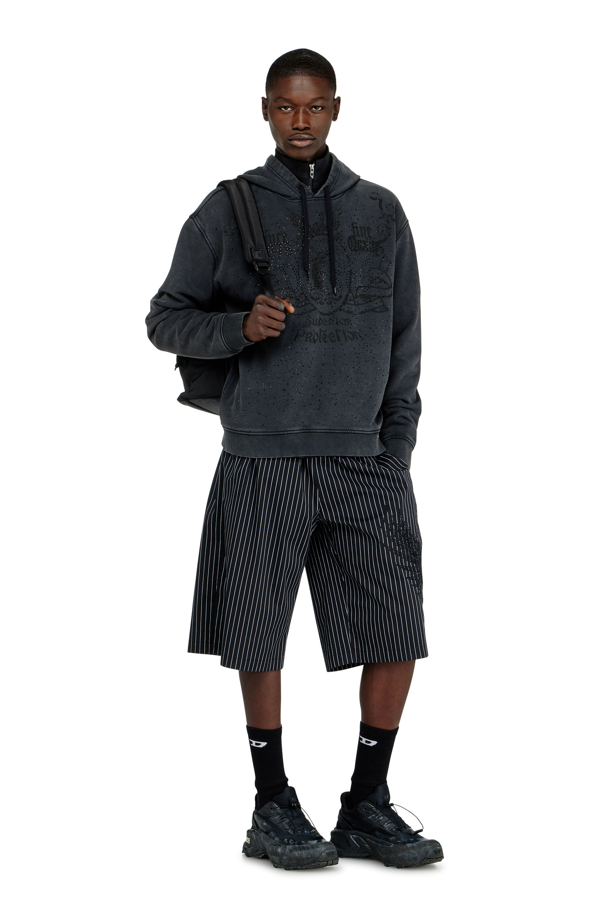 Diesel - S-NORM-HOOD-AA3, Sweat &agrave; capuche imprim&eacute; avec clous strass Homme in Gris - 1