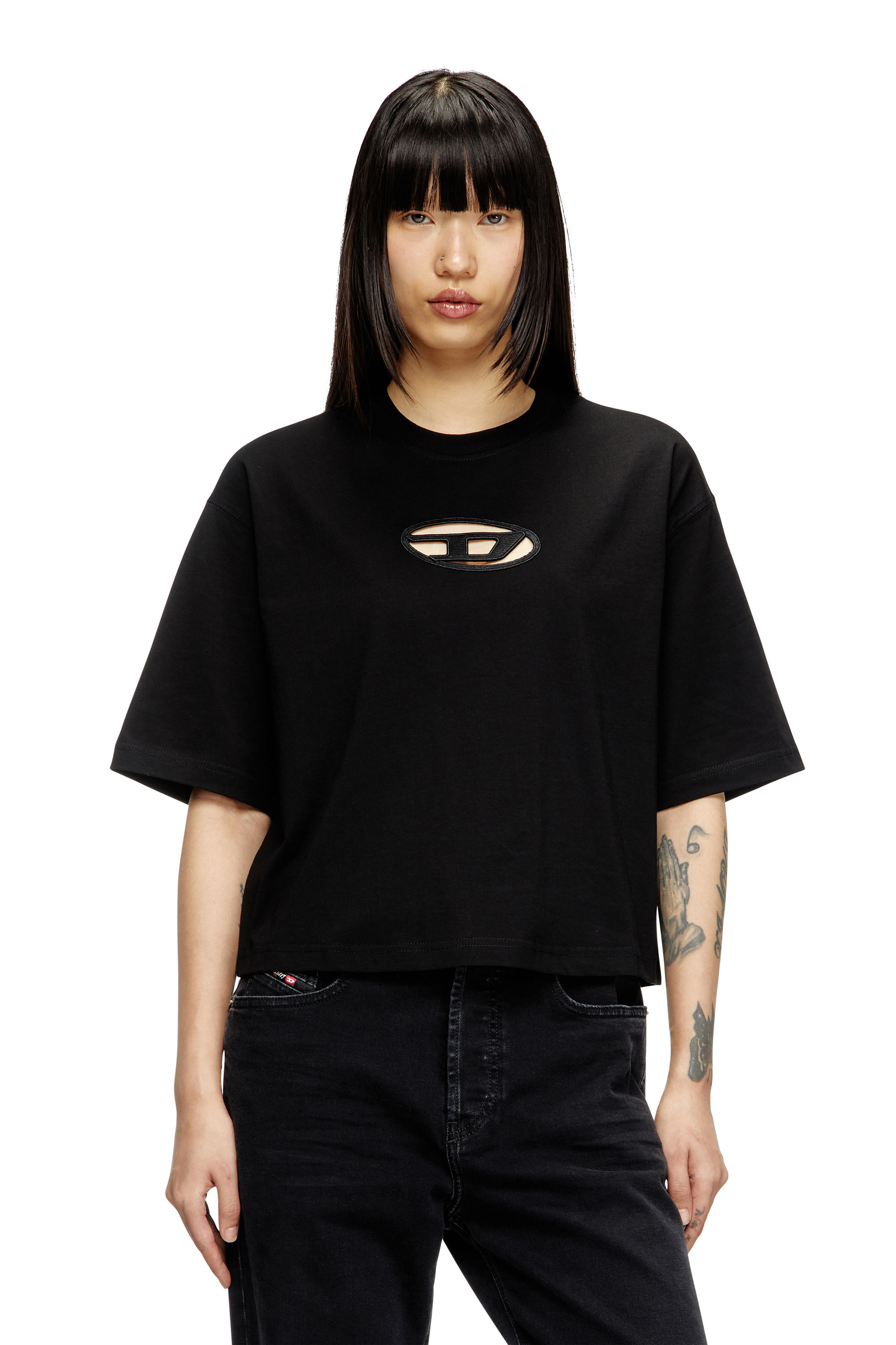 Diesel - T-ROWY-OD, T-shirt boxy avec D brodé Femme in Noir - 3