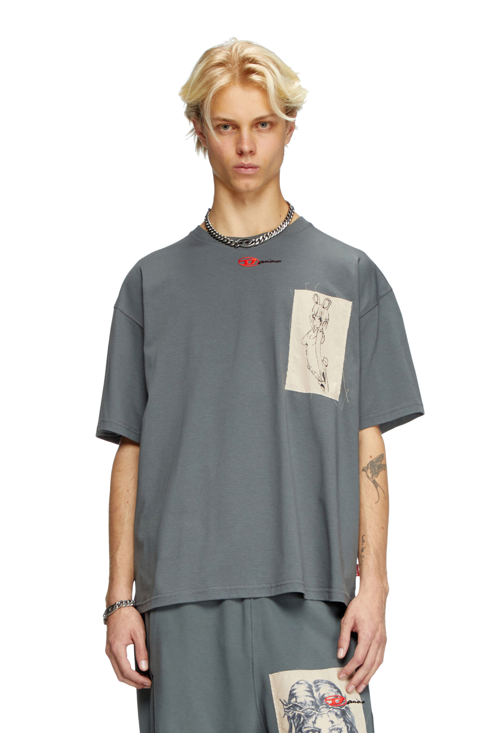 Diesel - T-BOXT-1P-DD, T-shirt avec empiècements tatouage Mixte in Gris - 3