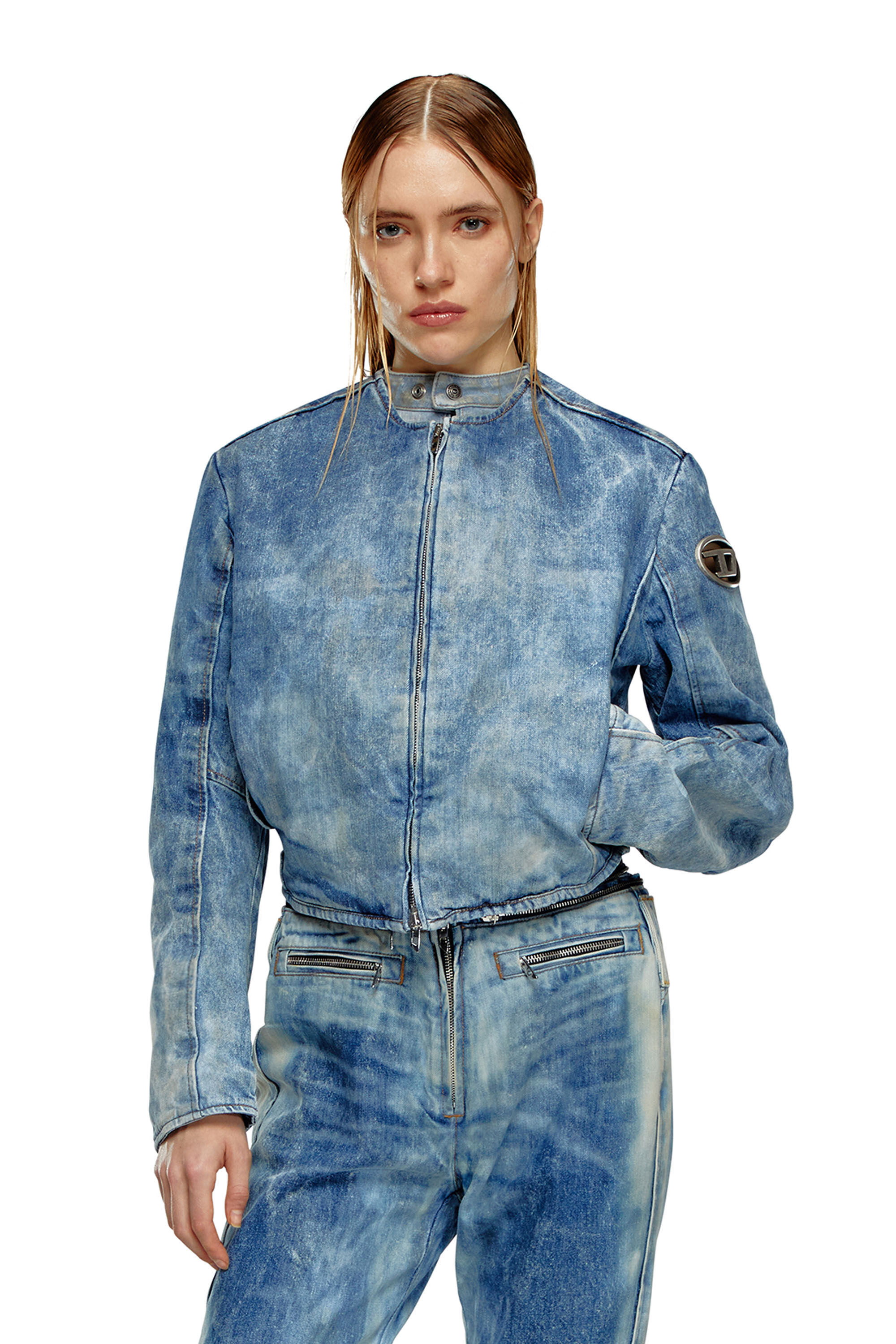 Veste en denim avec zip style biker Femme Bleu Diesel