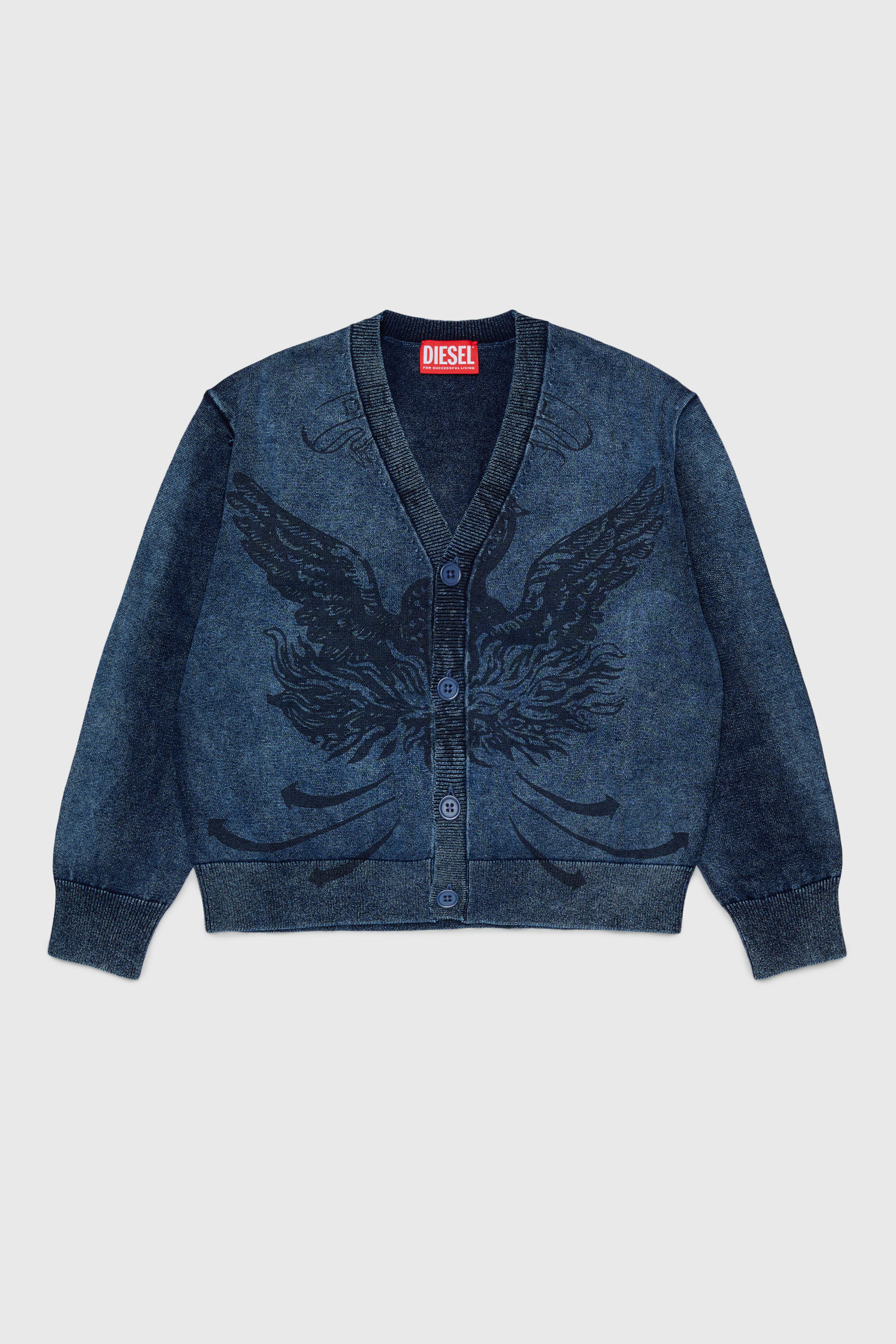 Diesel - KFINNIC CARDIGAN OVER, Cardigan effet denim avec motif ph&eacute;nix Homme in Bleu - 1