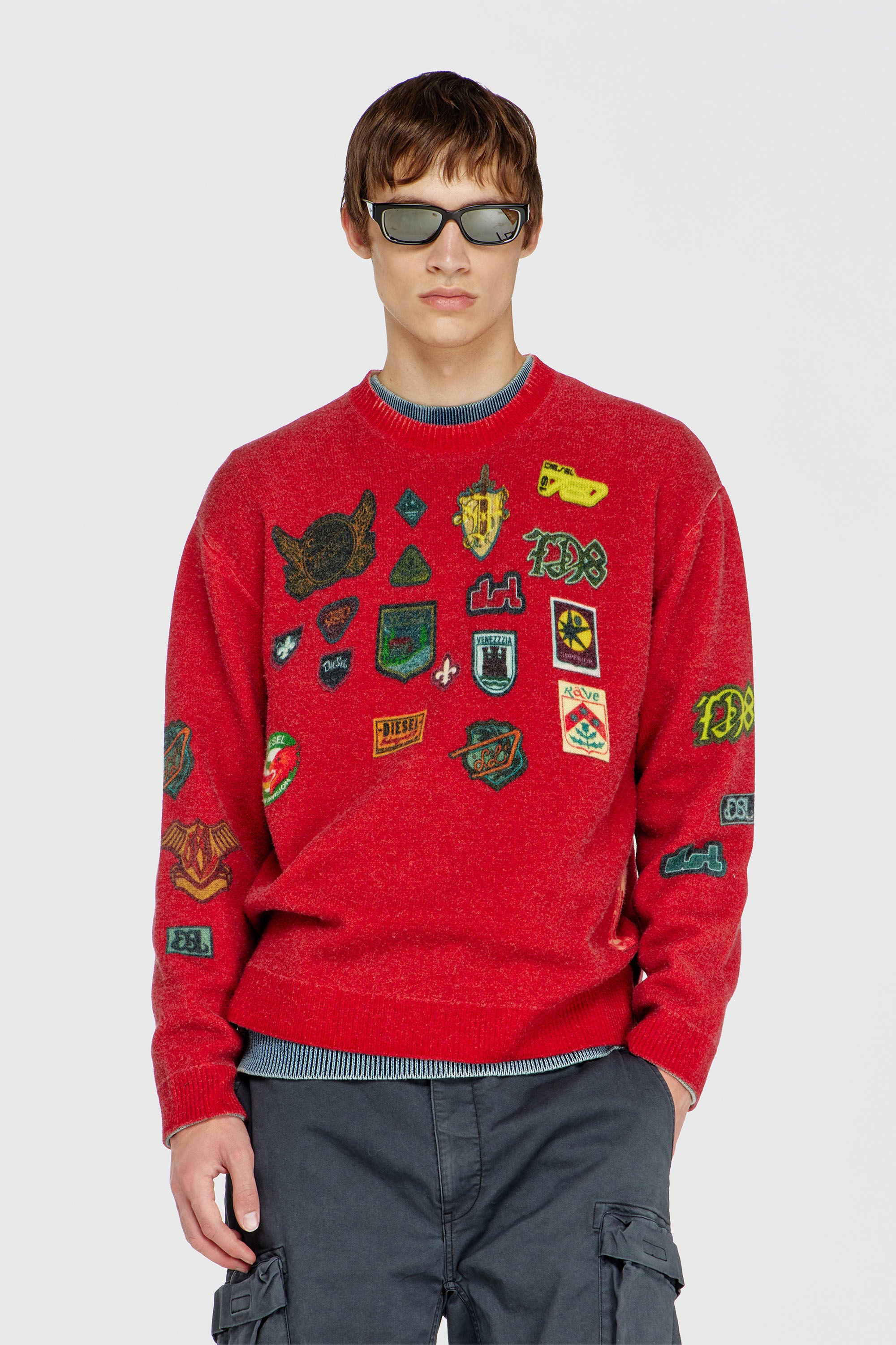 Diesel - K-PATCY, Pull en laine avec patchs imprim&eacute;s Homme in Rouge - 3