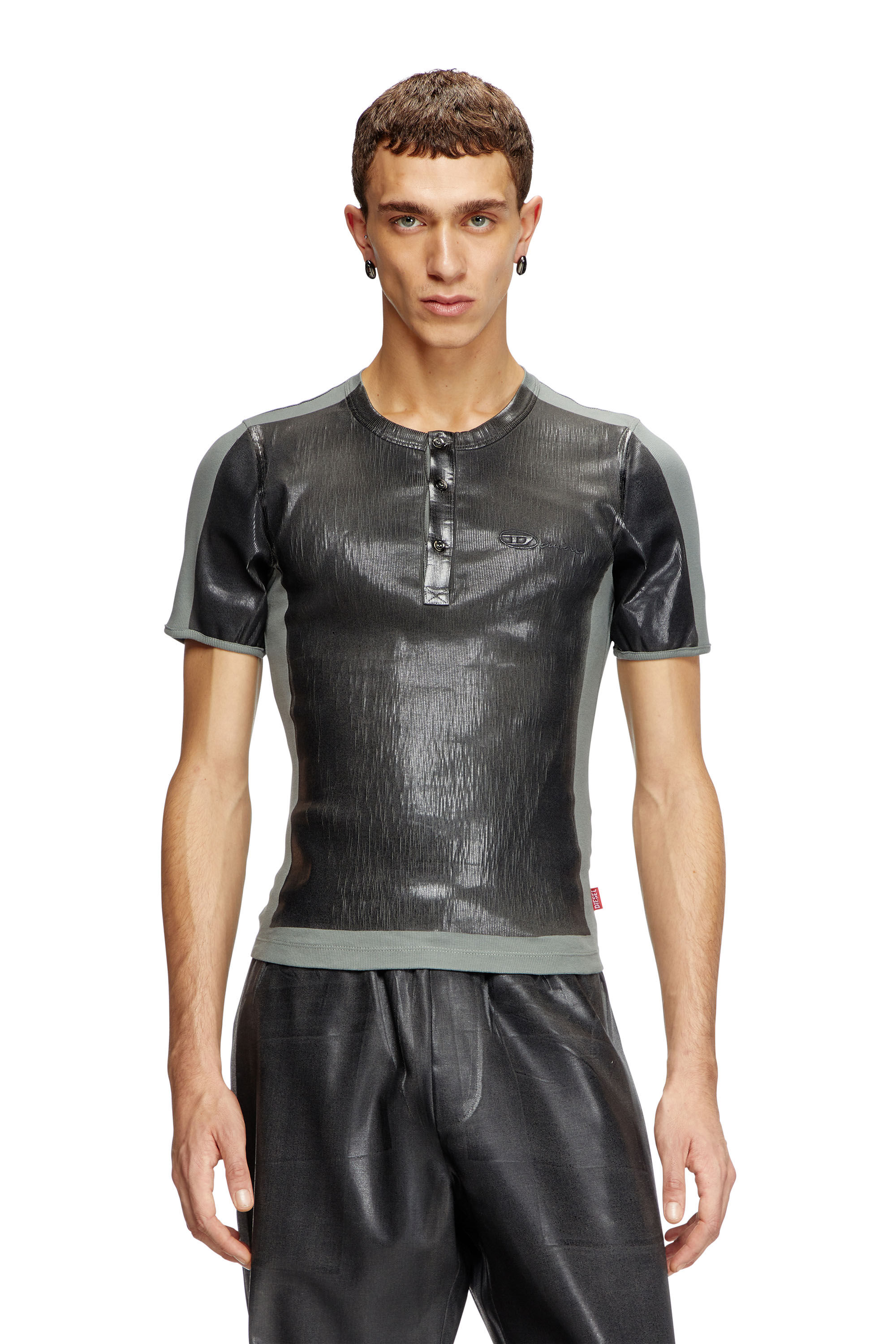 Diesel - T-RIBBER-DD, T-shirt Henley avec devant enduit Mixte in Gris - 3