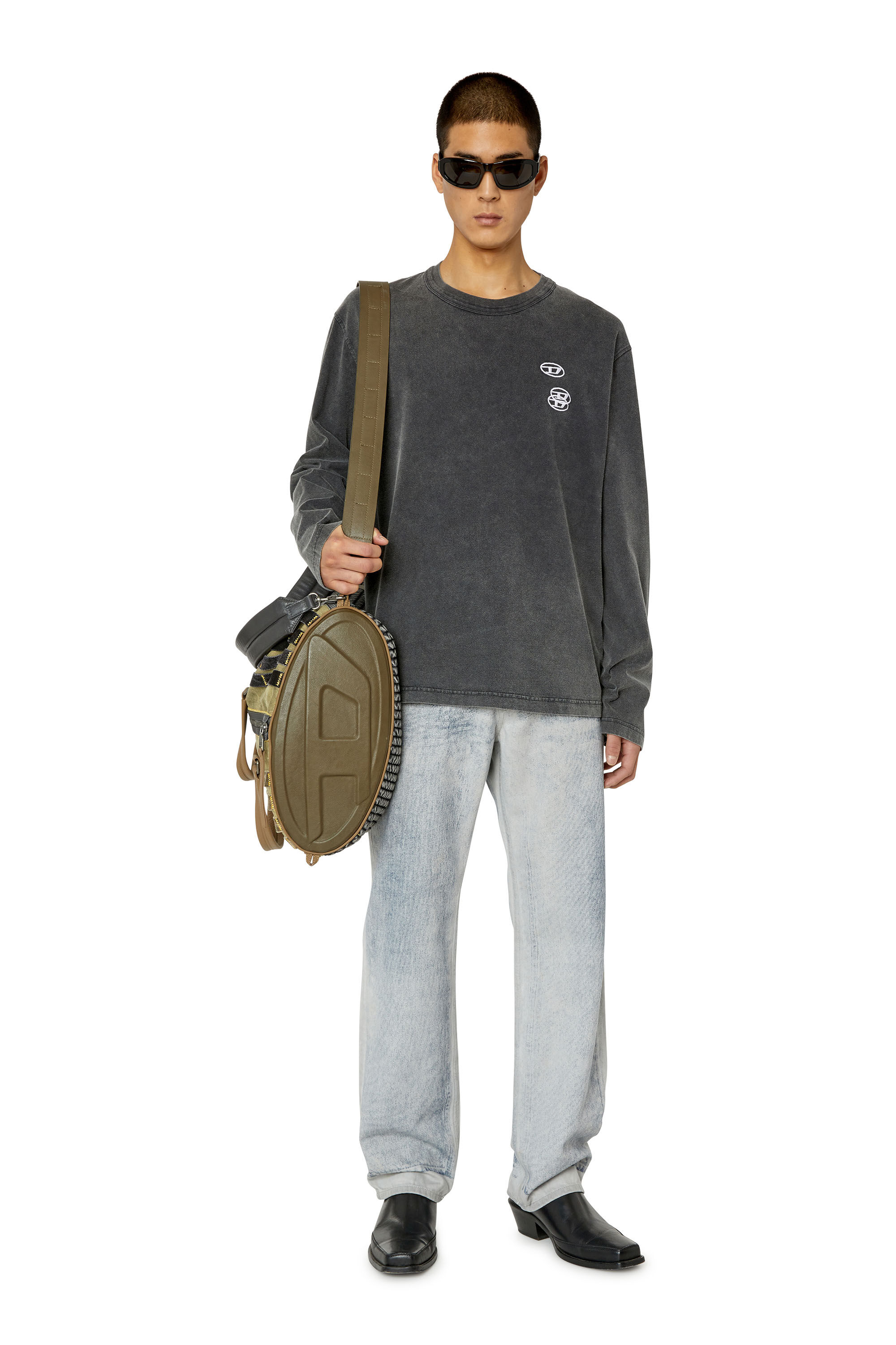 Diesel - T-CRANE-LS-SLITS, T-shirt avec triple logo brodé Homme in Noir - 1