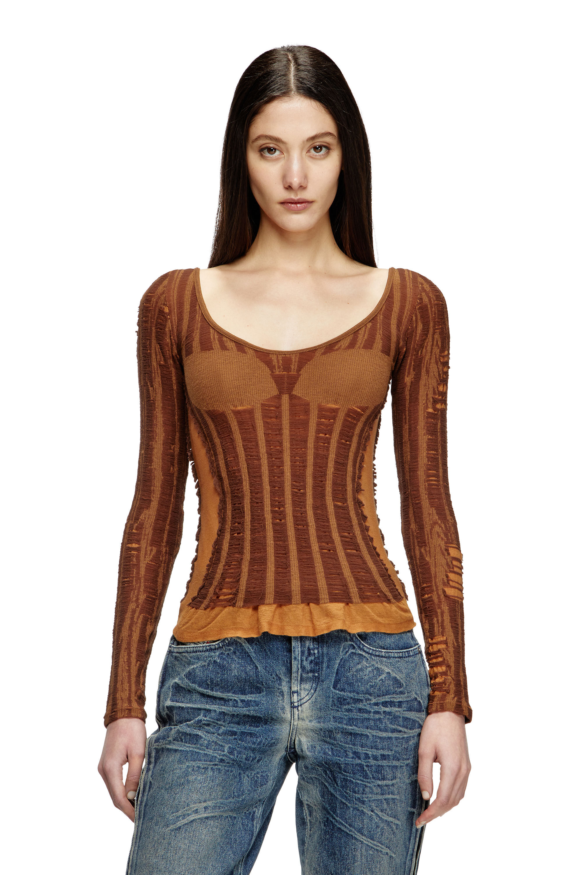 Diesel - M-CALAI, Top sans coutures avec illusion de lingerie Femme in Marron - 3