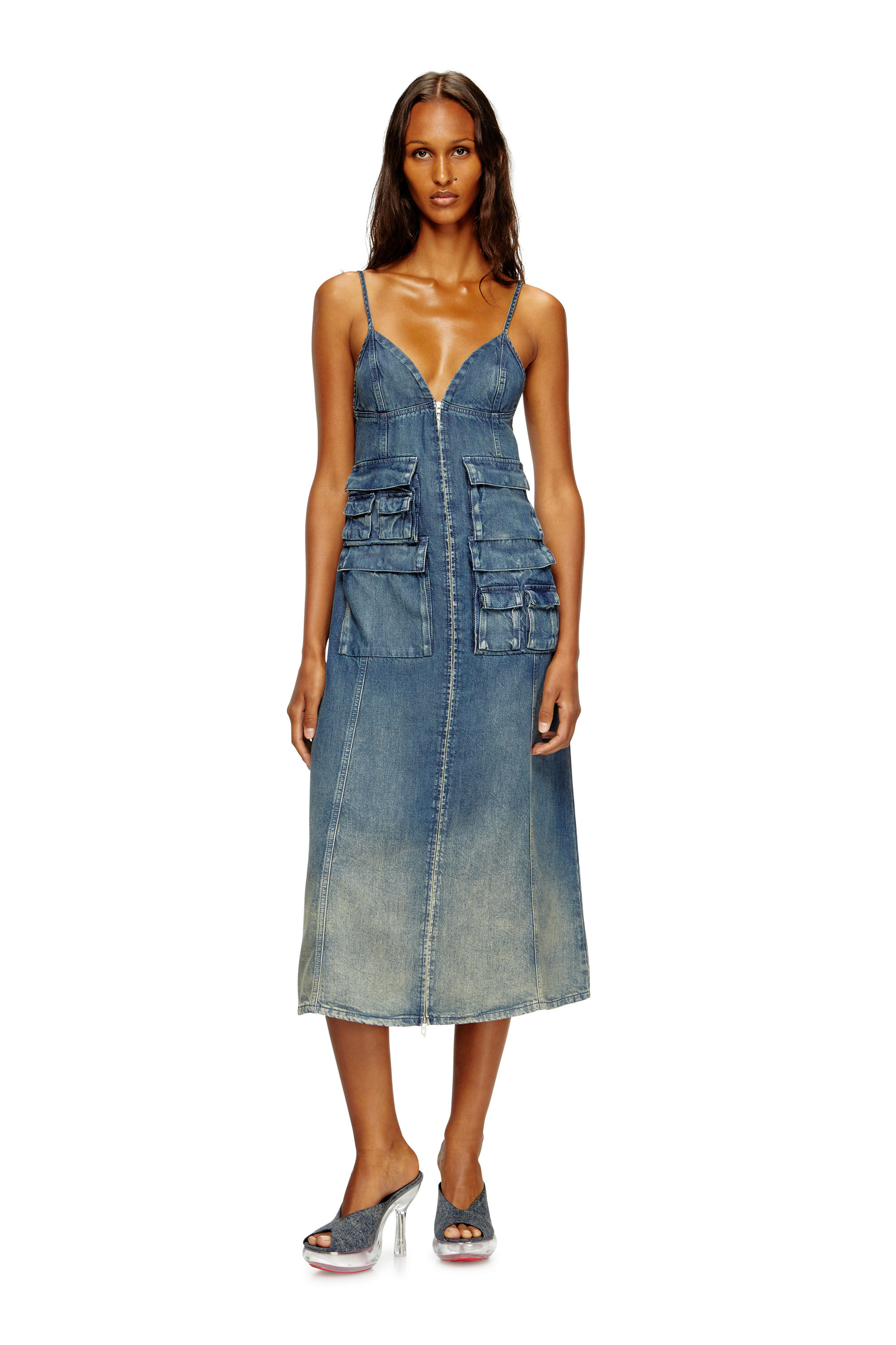 Diesel - DE-MELVI-S, Robe en denim fluide vieilli au laser Femme in Bleu - 3