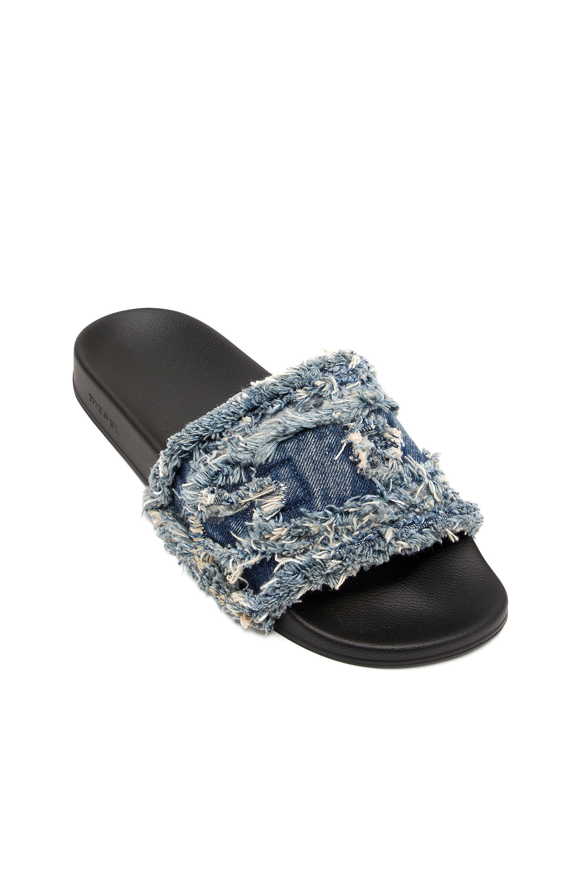 Sa Slide D Claquettes en denim a franges Femme Bleu Diesel