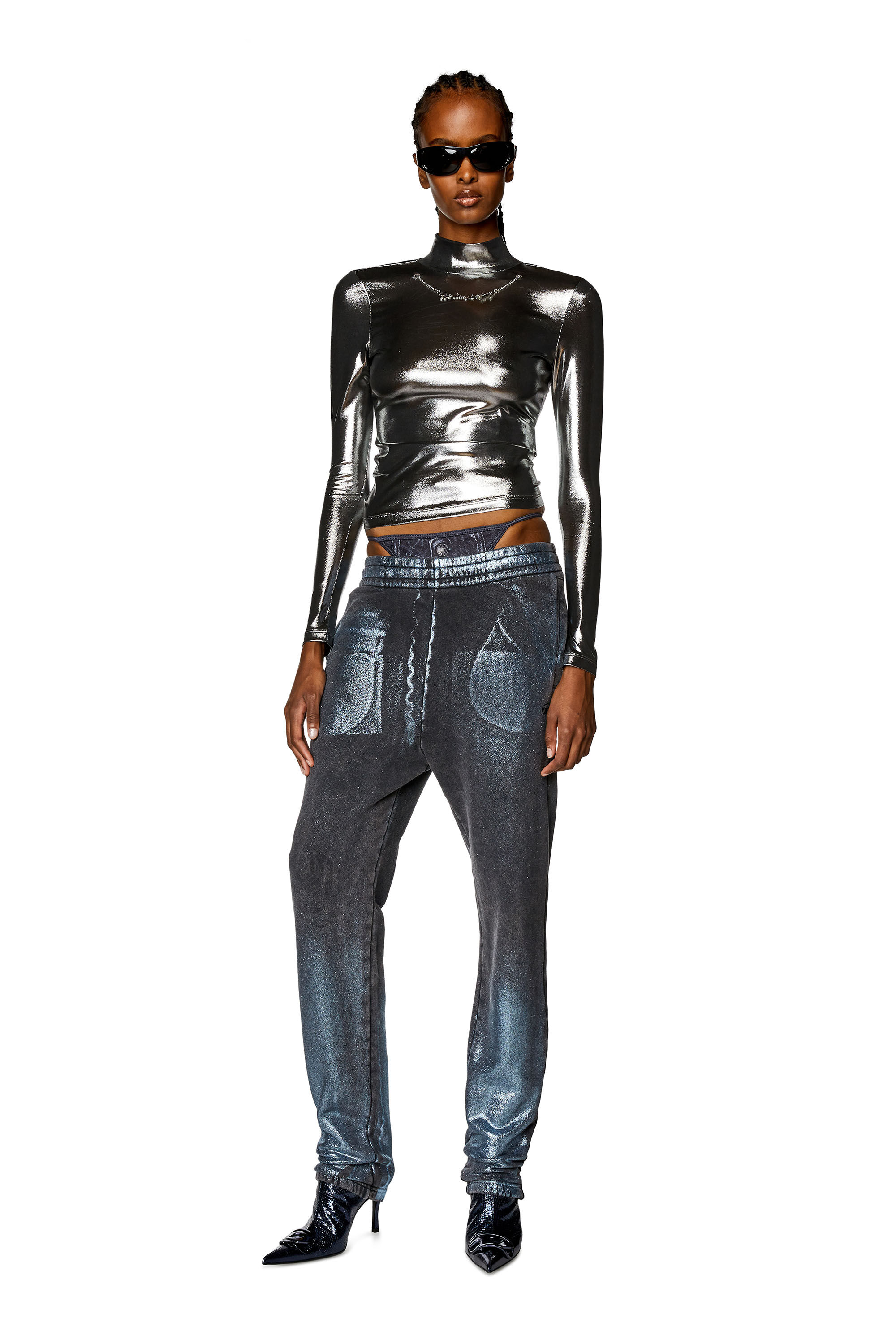 Diesel - T-META, Top métallisé avec détail chaîne Femme in Noir - 1
