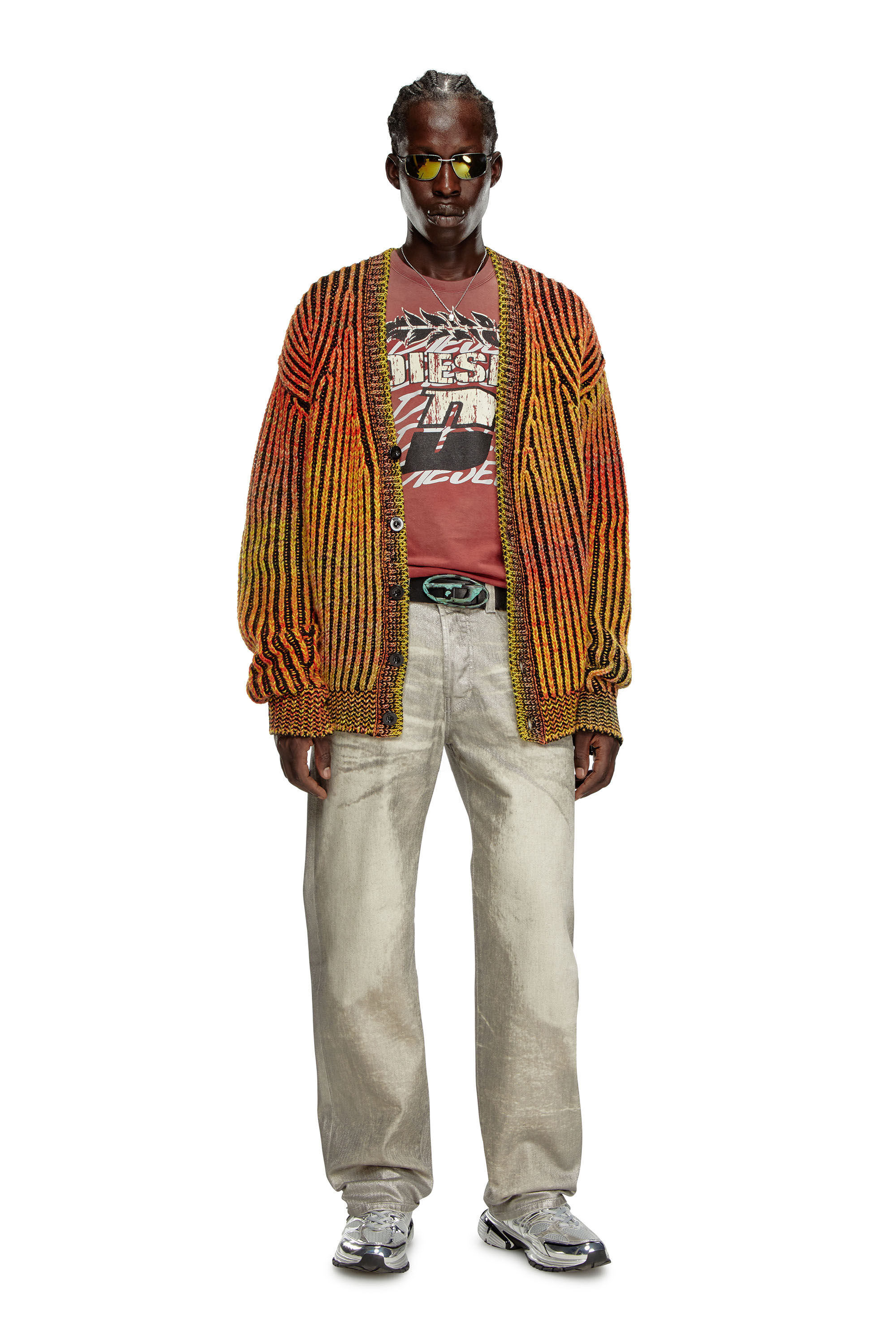 Cardigan cotele raye en melange de laine Homme Orange Diesel