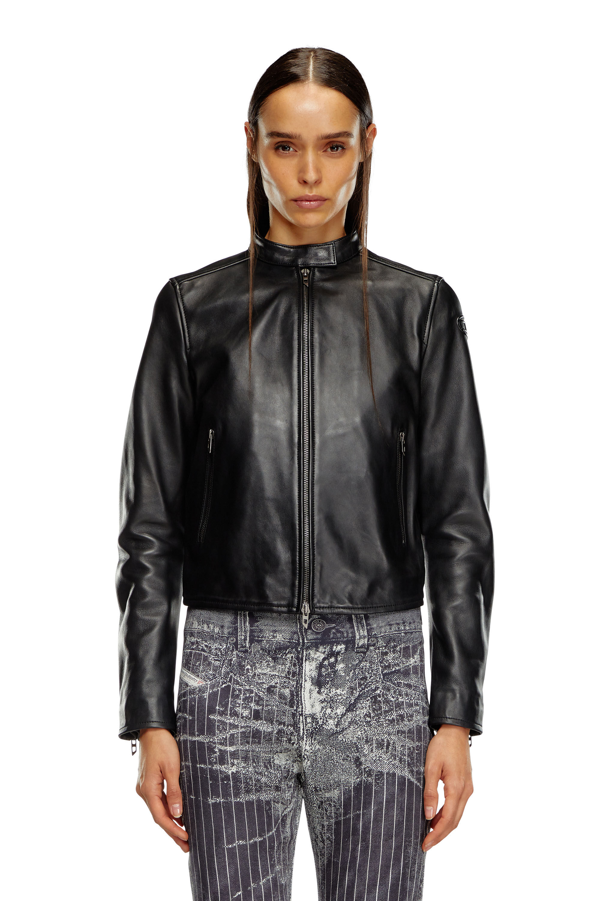 Blouson biker en cuir avec logo embosse Femme Noir Diesel
