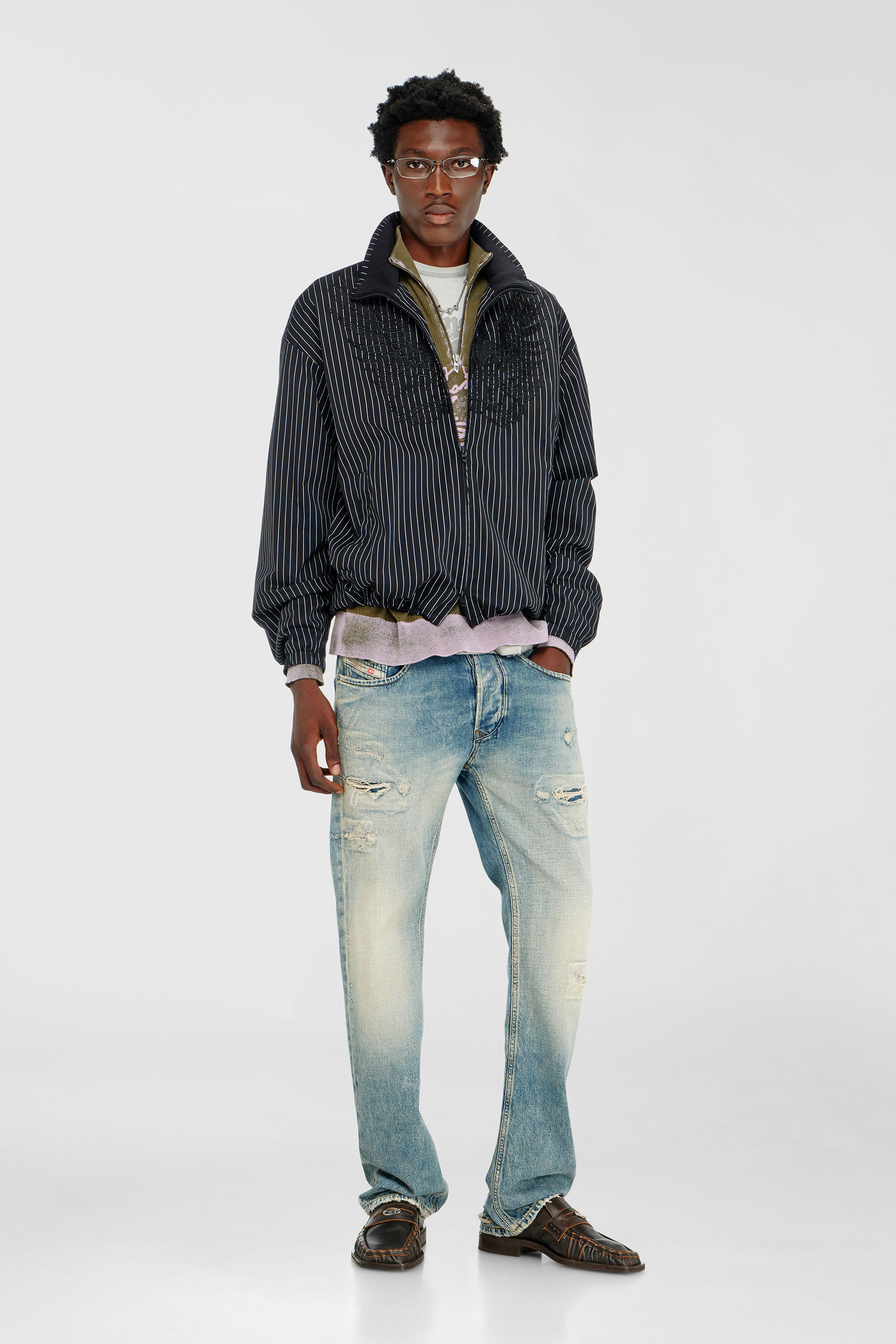 Diesel - J-CORSAR-NJCA, Veste en nylon &agrave; rayures avec broderie Phoenix Homme in Noir - 1