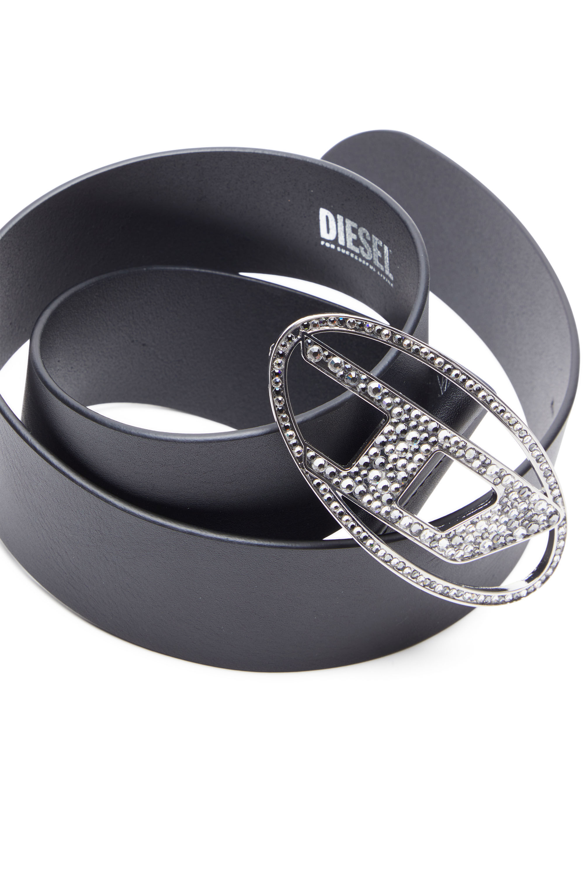 Ceinture en cuir avec boucle cristal a logo Femme Noir Diesel