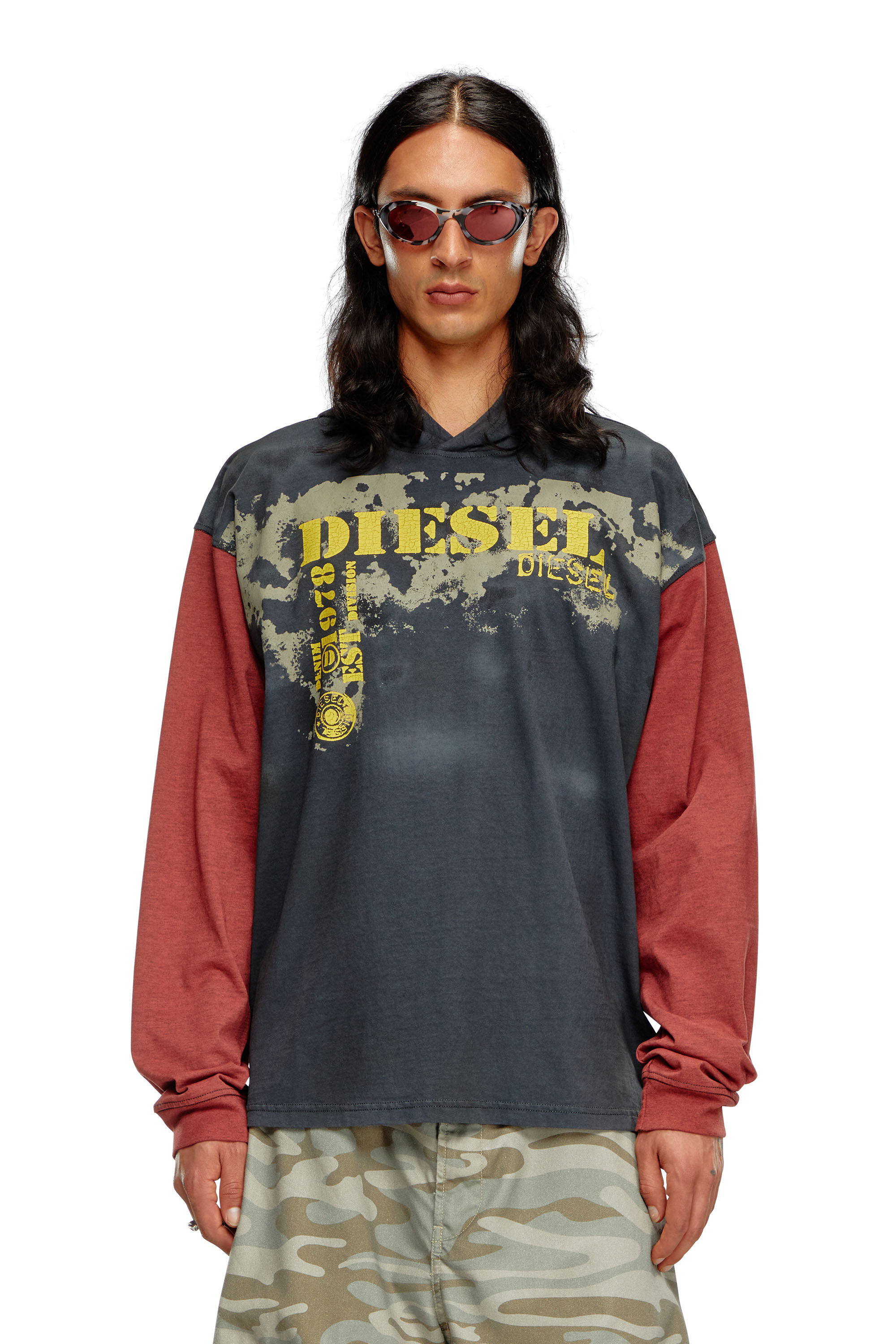 【DIESEL】T-Boxt-Ls-Hood Men's Hooded long-sleeve T-shirt in chenille | Black | Diesel