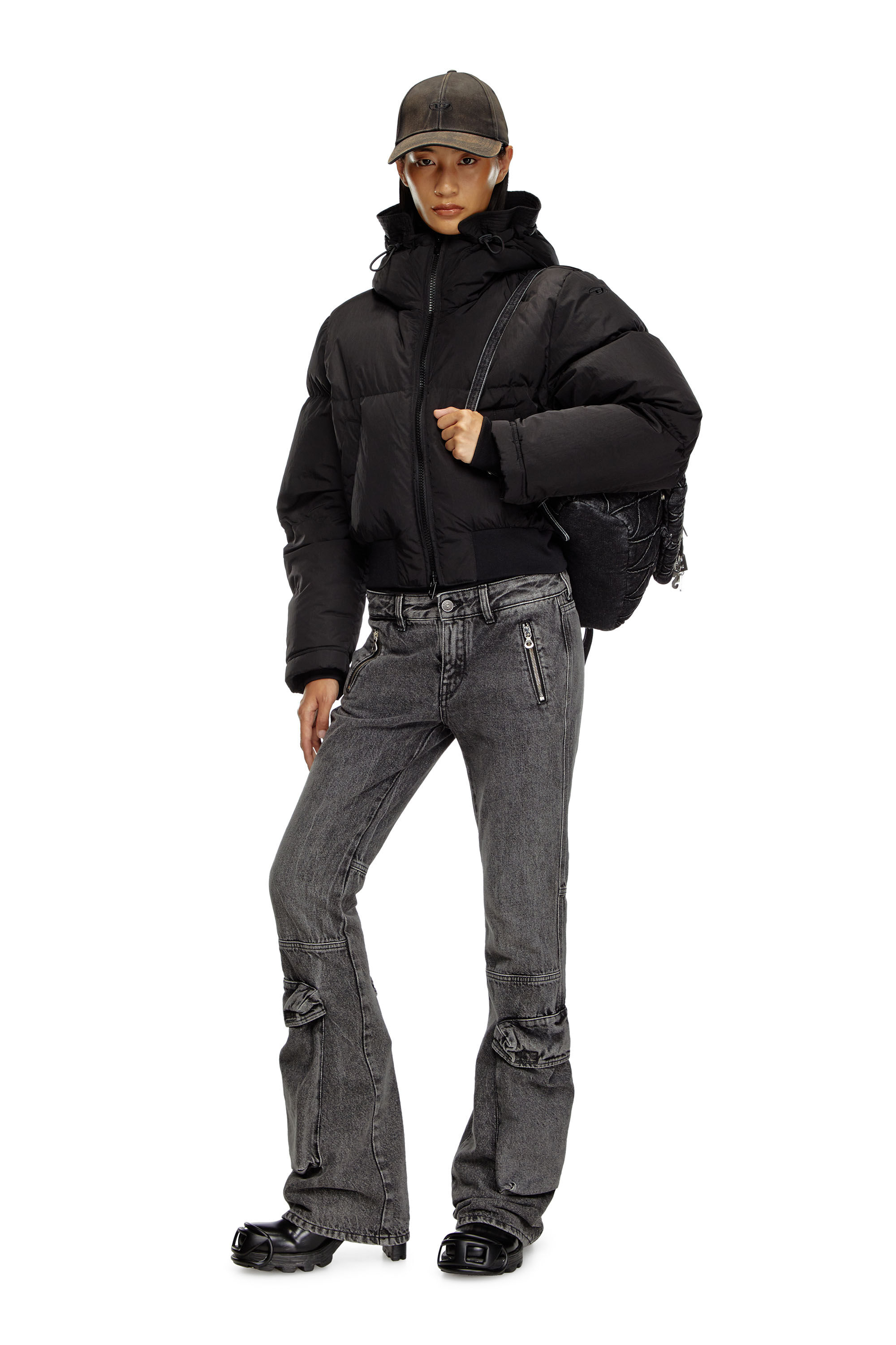 Doudoune a capuche en nylon froisse Femme Noir Diesel