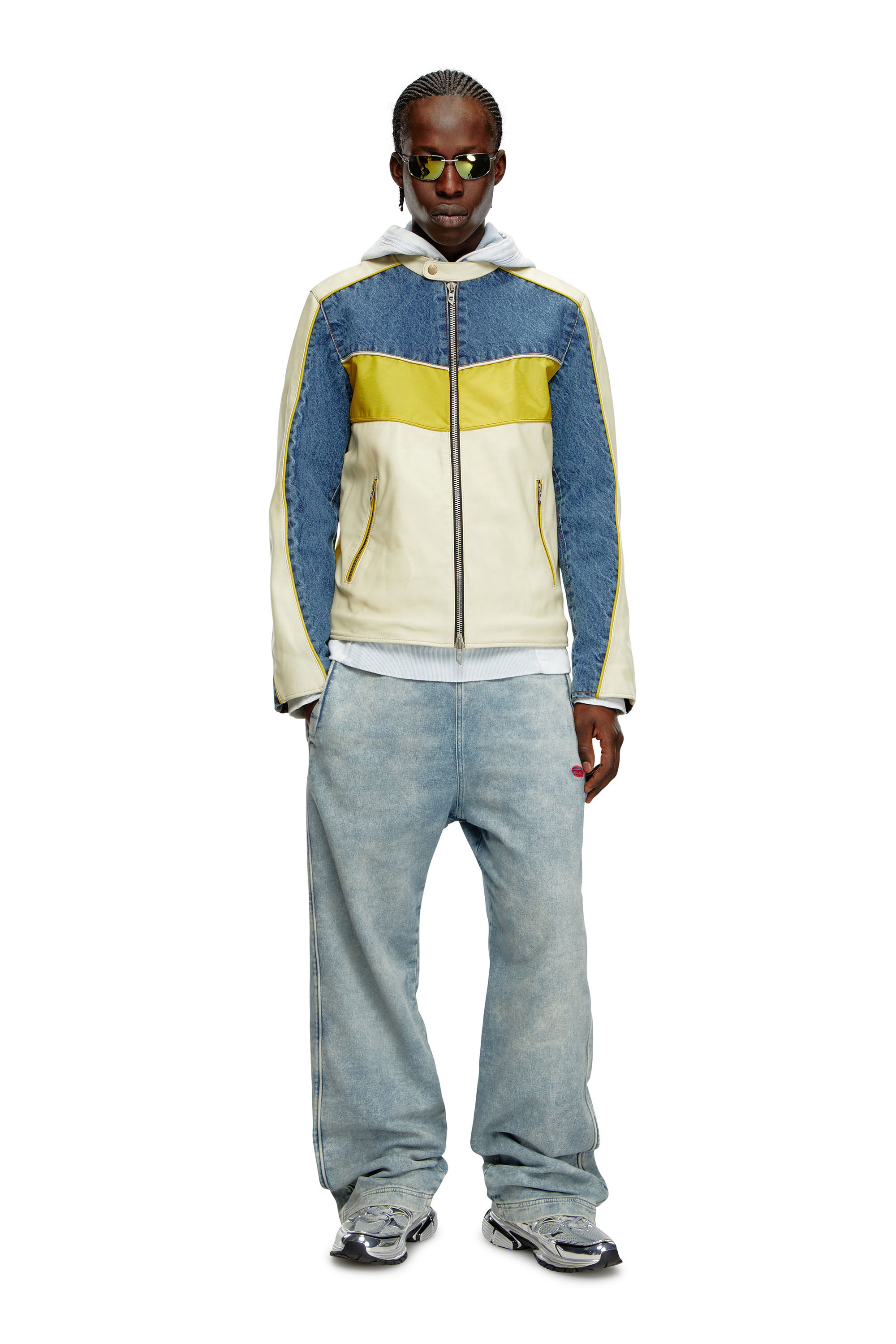 Veste en cuir avec empiecements en denim Homme Polychrome Diesel