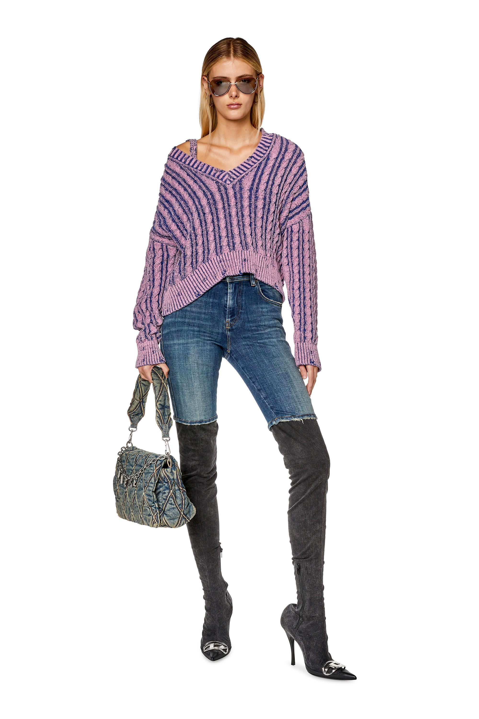 Diesel - M-OXIA, Pull épais en coton bicolore Femme in Violet - 1