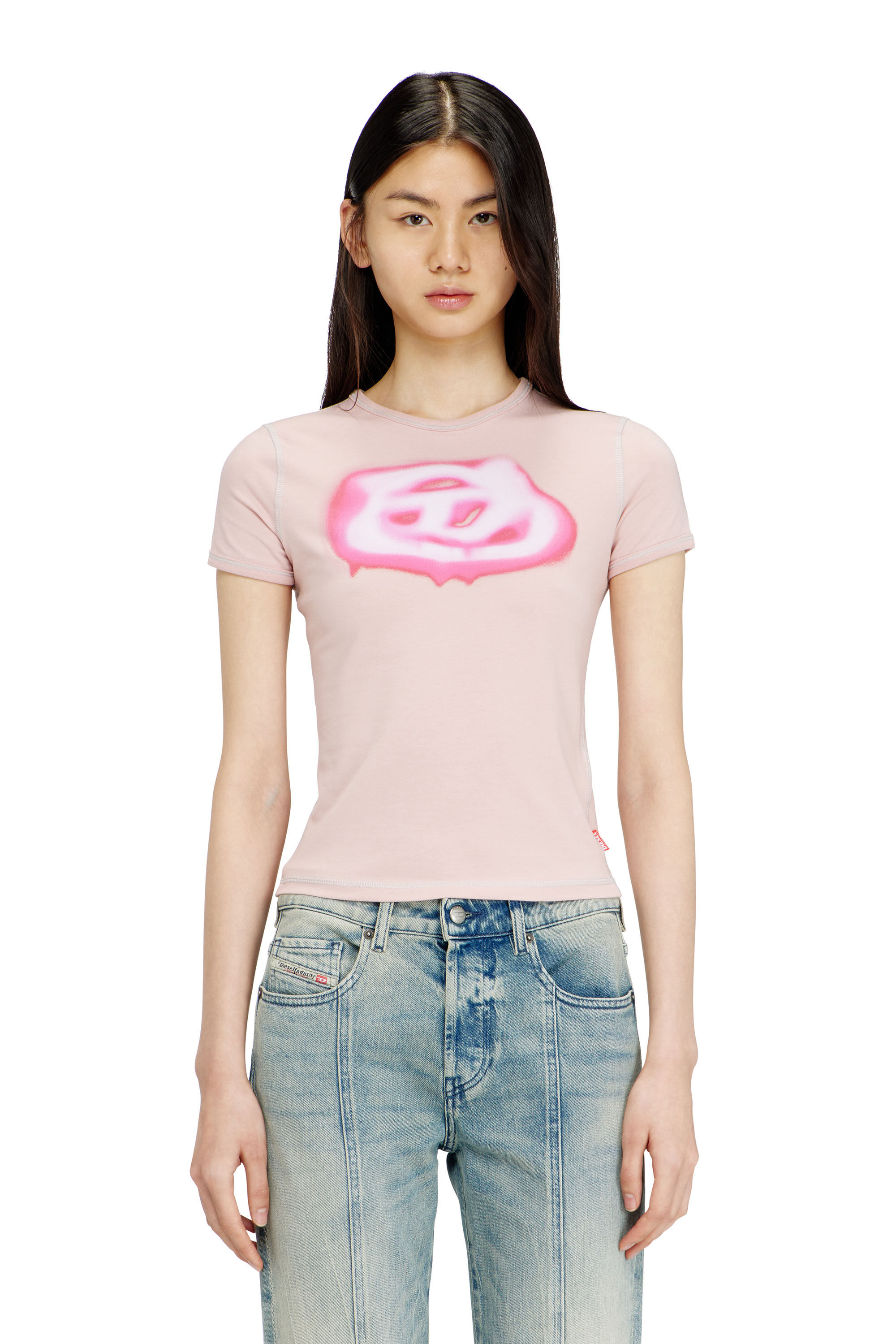 Diesel - T-UNCUTIES-LONG-S3, T-shirt slim avec logo effet graffiti Femme in Rose - 3