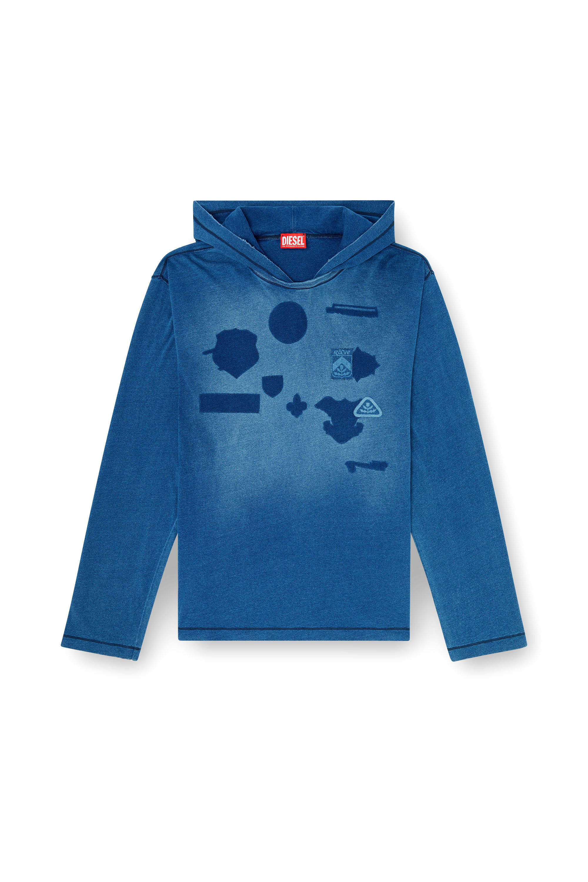 Diesel - T-NOX-LS-HOOD, T-shirt &agrave; capuche manches longues avec patchs effet ombre Homme in Bleu - 2