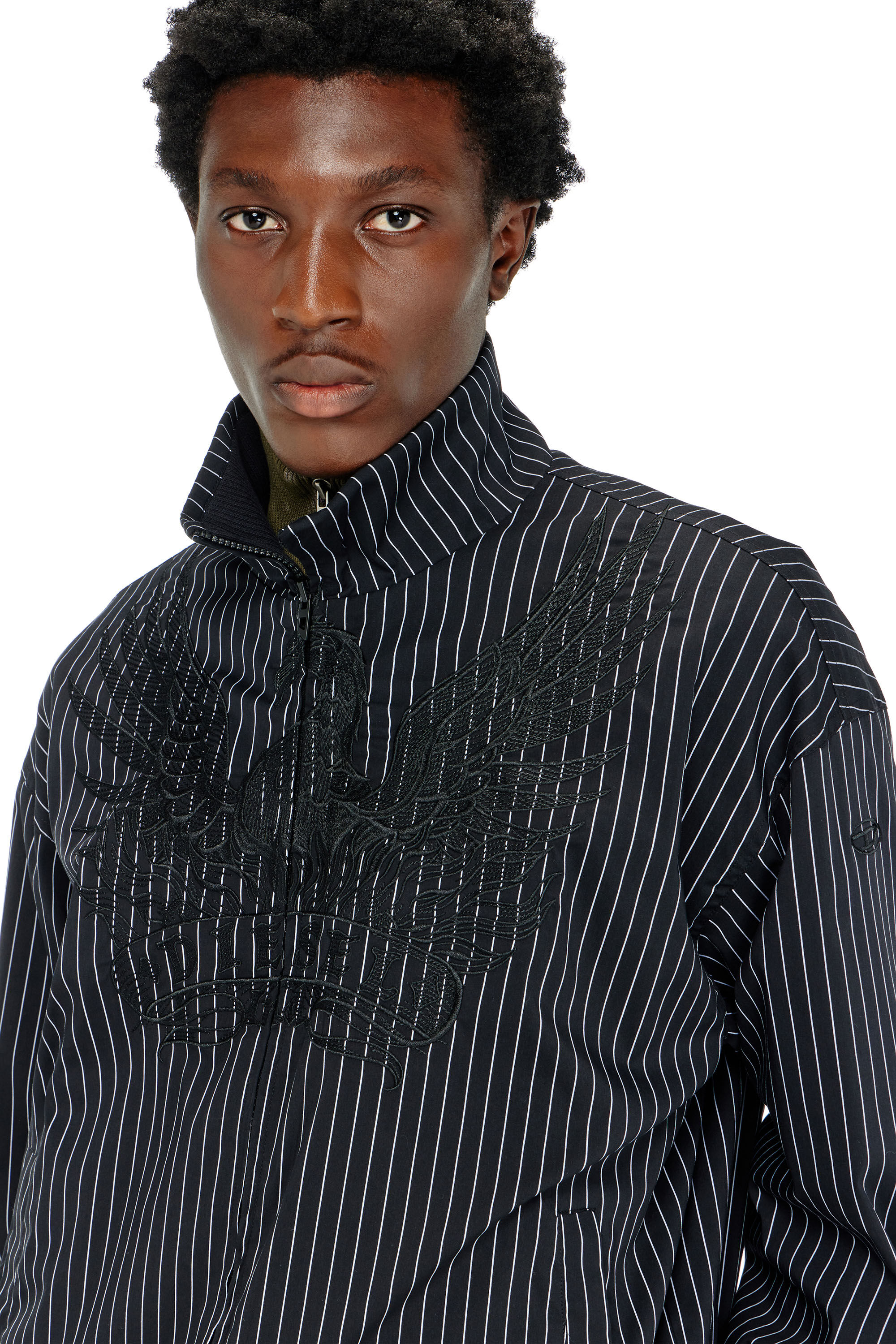 Diesel - J-CORSAR-NJCA, Veste en nylon &agrave; rayures avec broderie Phoenix Homme in Noir - 5
