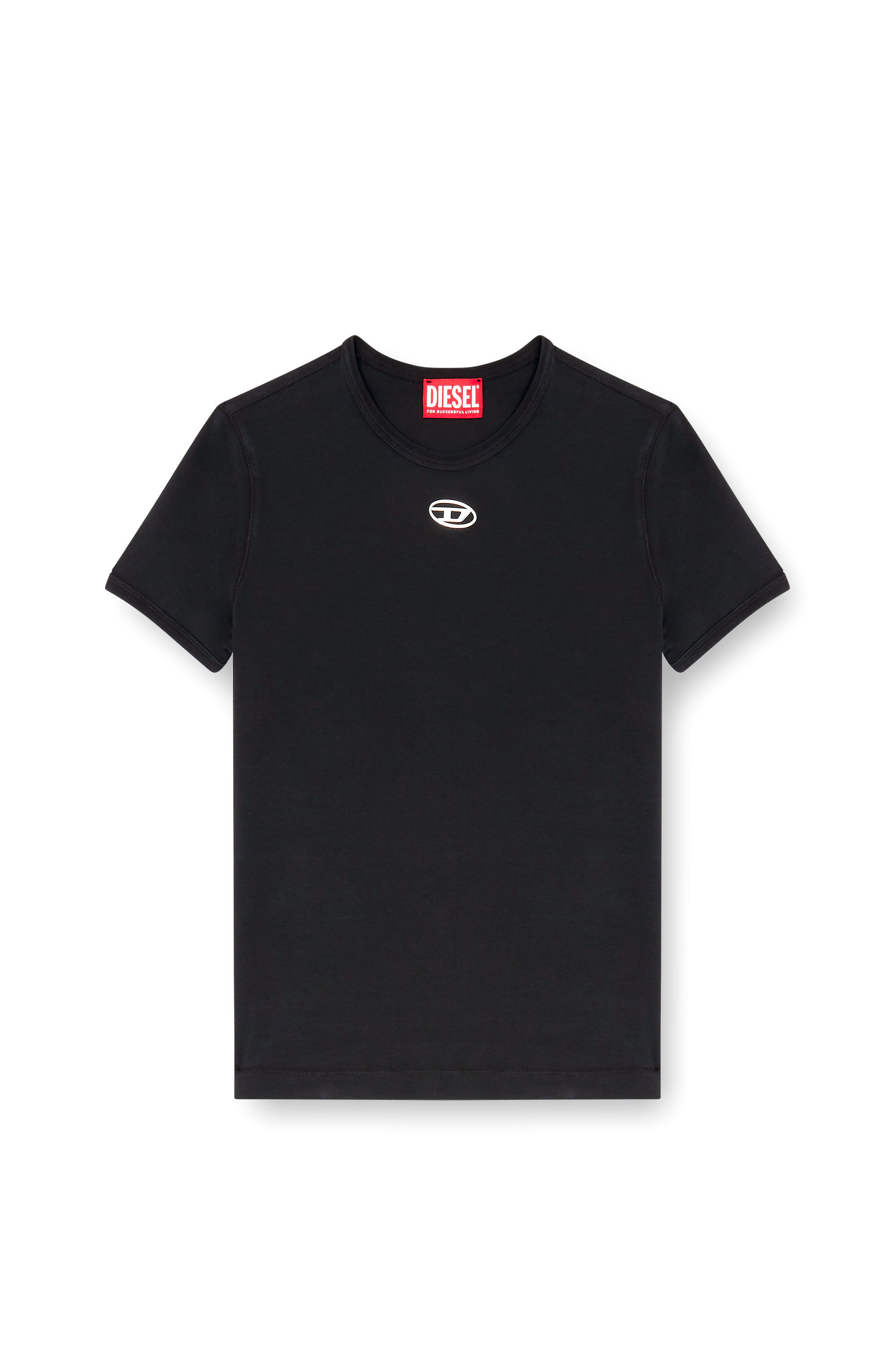 Diesel - T-UNCUTIESLONG-OD, T-shirt ajust&eacute;e avec ovale D m&eacute;tallique Femme in Noir - 2