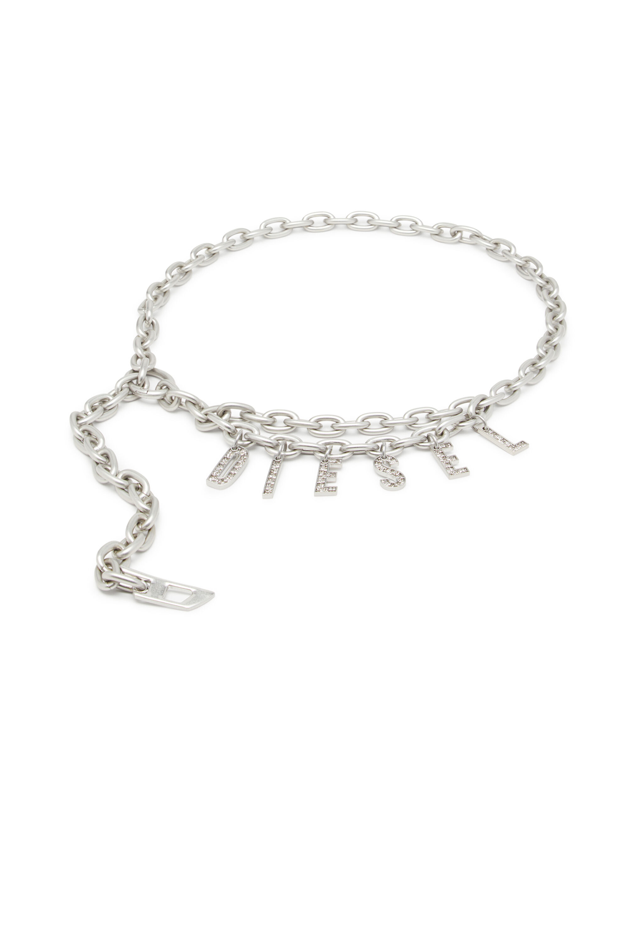 Diesel - B-CHARM CHAIN, Woman's 1cm chain belt with crystal logo charm in Silver - 1