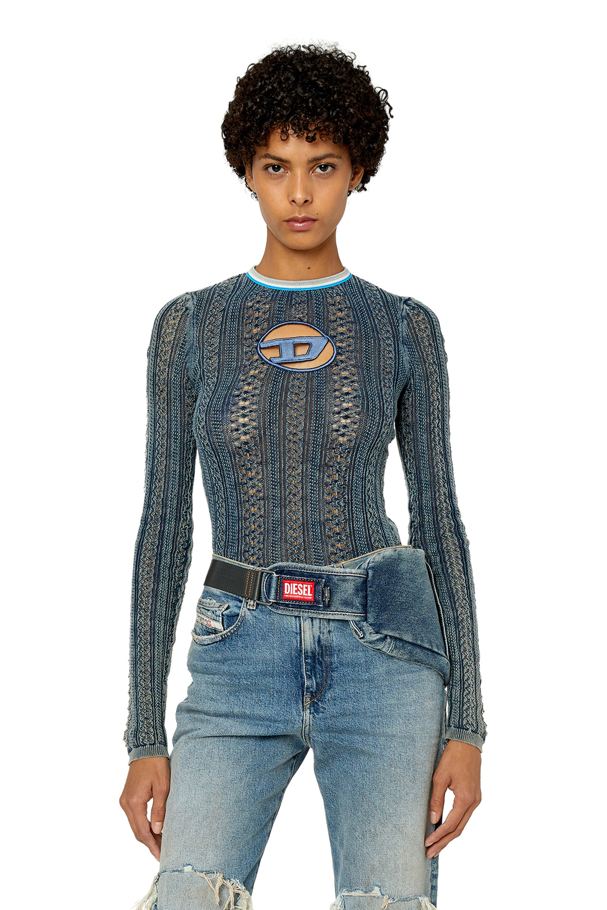 Diesel - M-IKYLA, Pull en maille pointelle avec cut-out oval D Femme in Bleu - 3