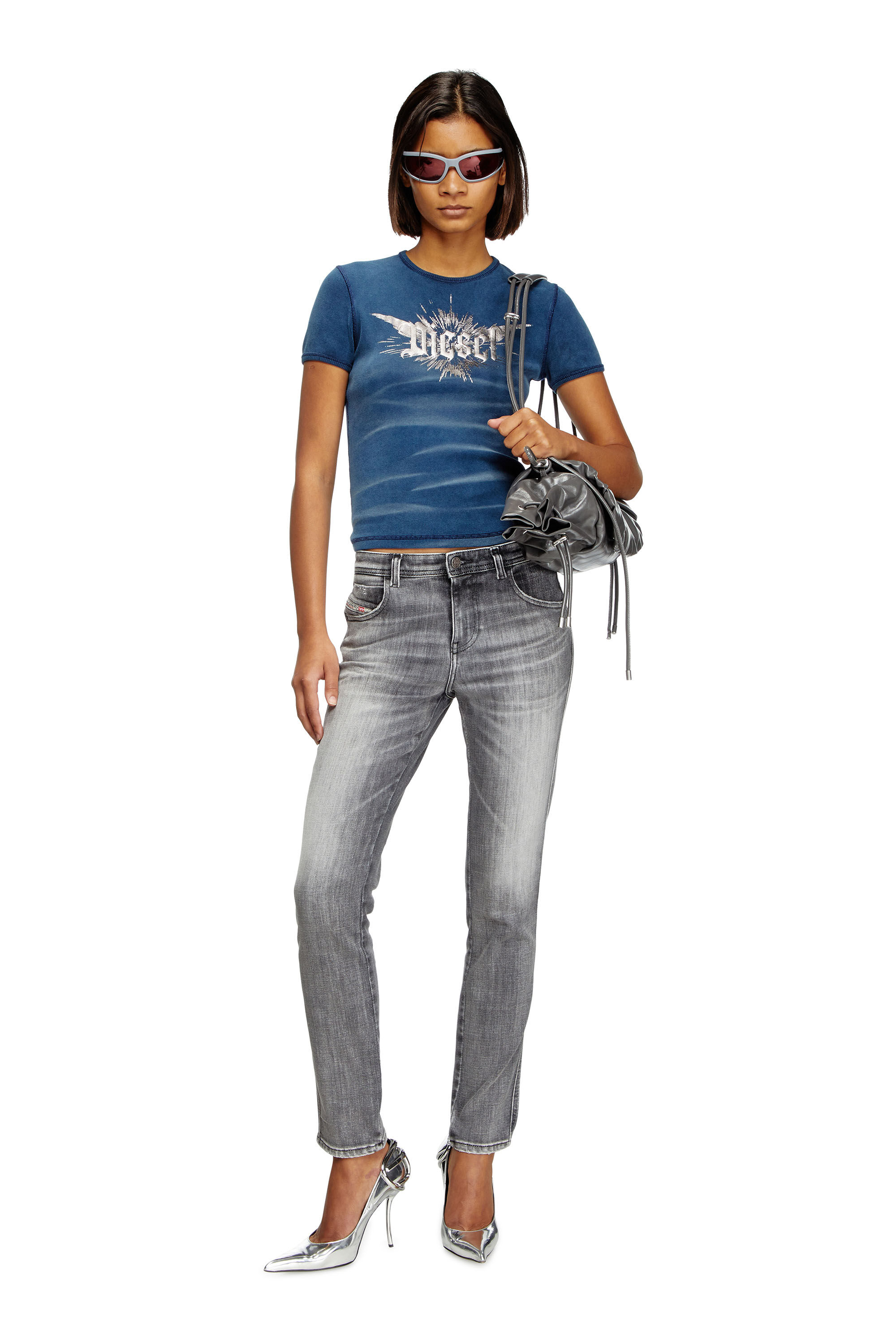 Diesel - T-ELE-LONG-P2, T-shirt avec imprimé métallisé Diesel ailé Femme in Bleu - 1