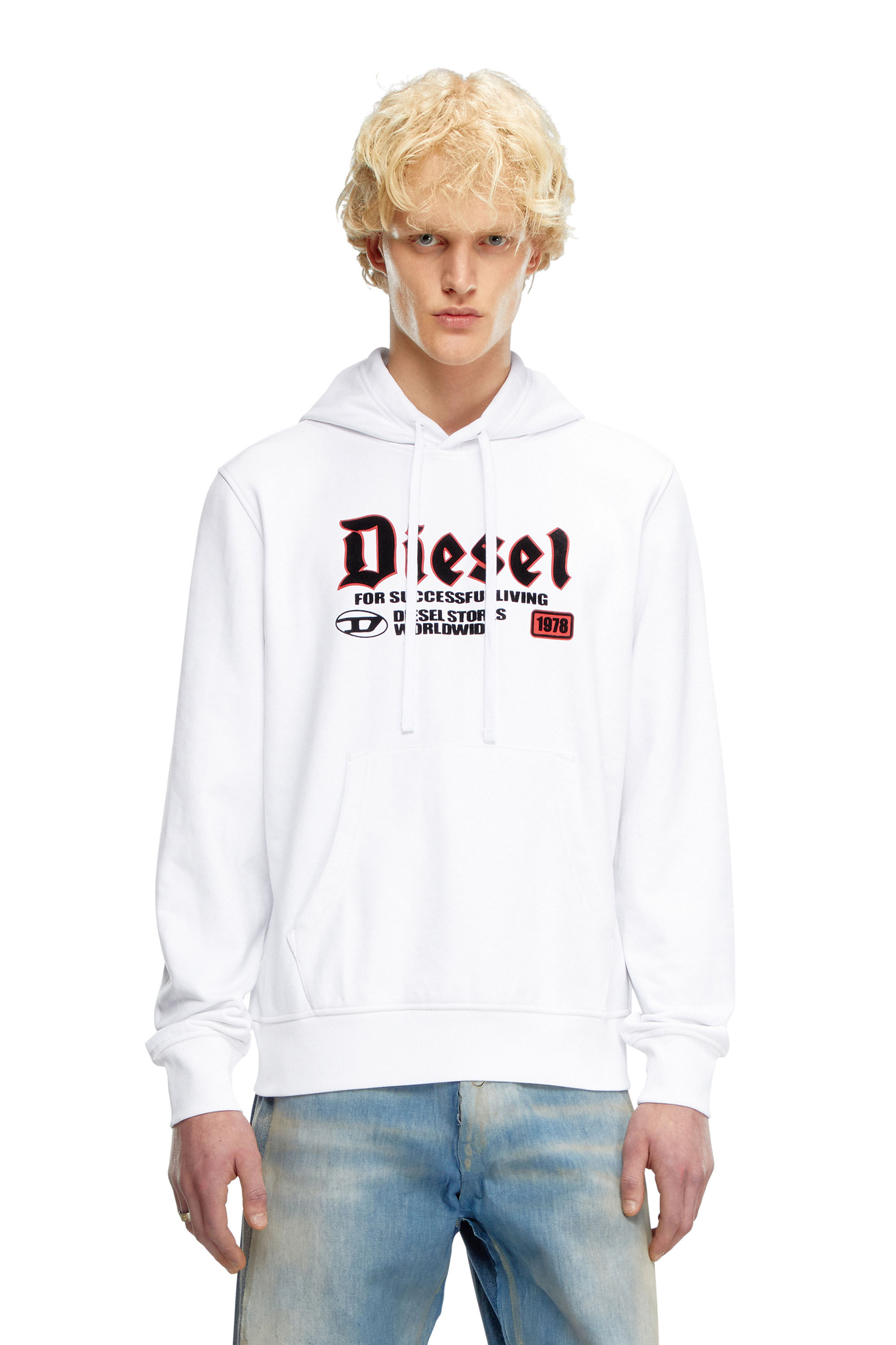 Sweat shirt a capuche avec logo floque Homme Blanc Diesel