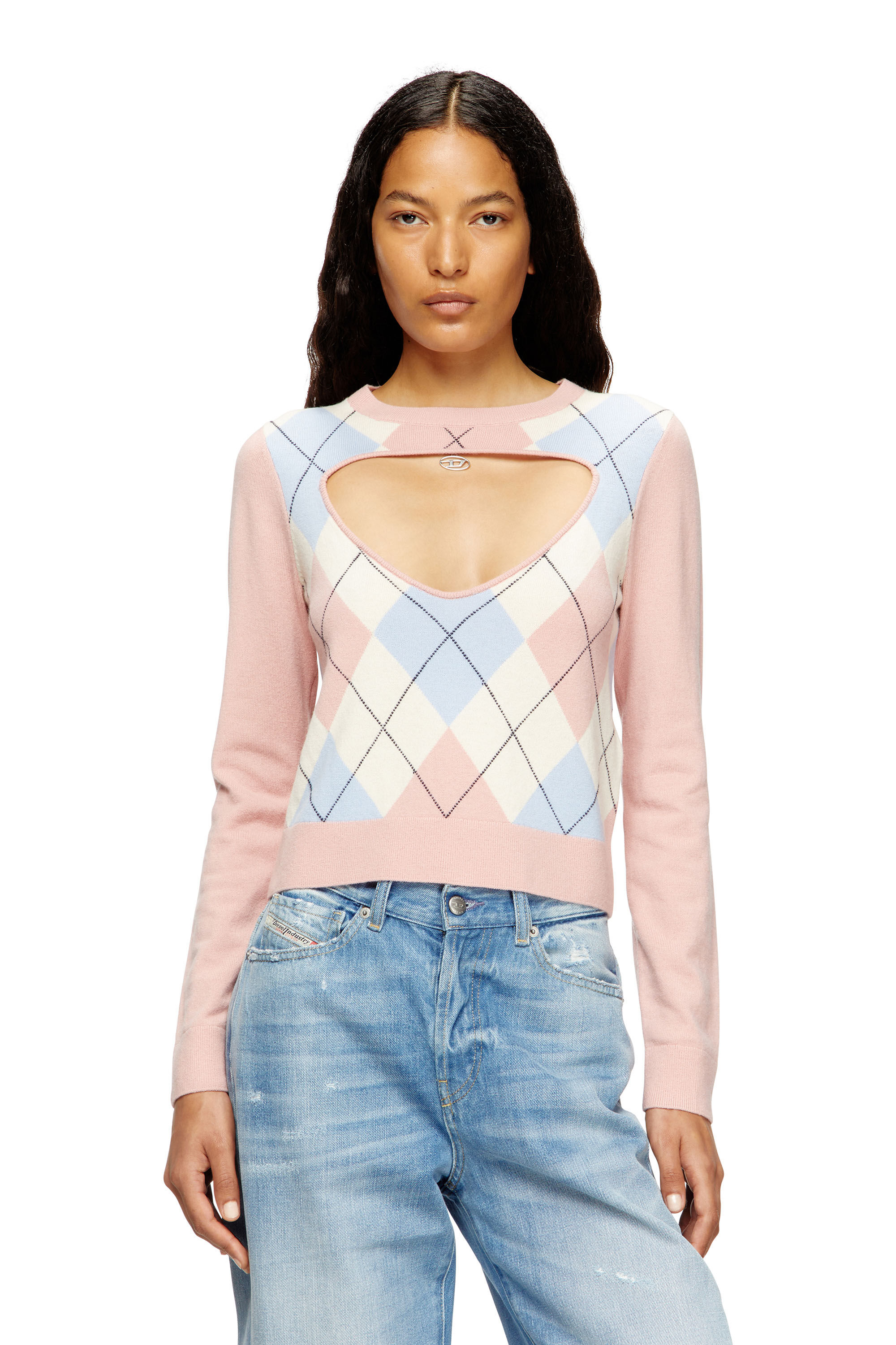 Diesel - M-ROMKO-LS, Pull avec cut-out, en laine à motif losanges Femme in Rose - 3