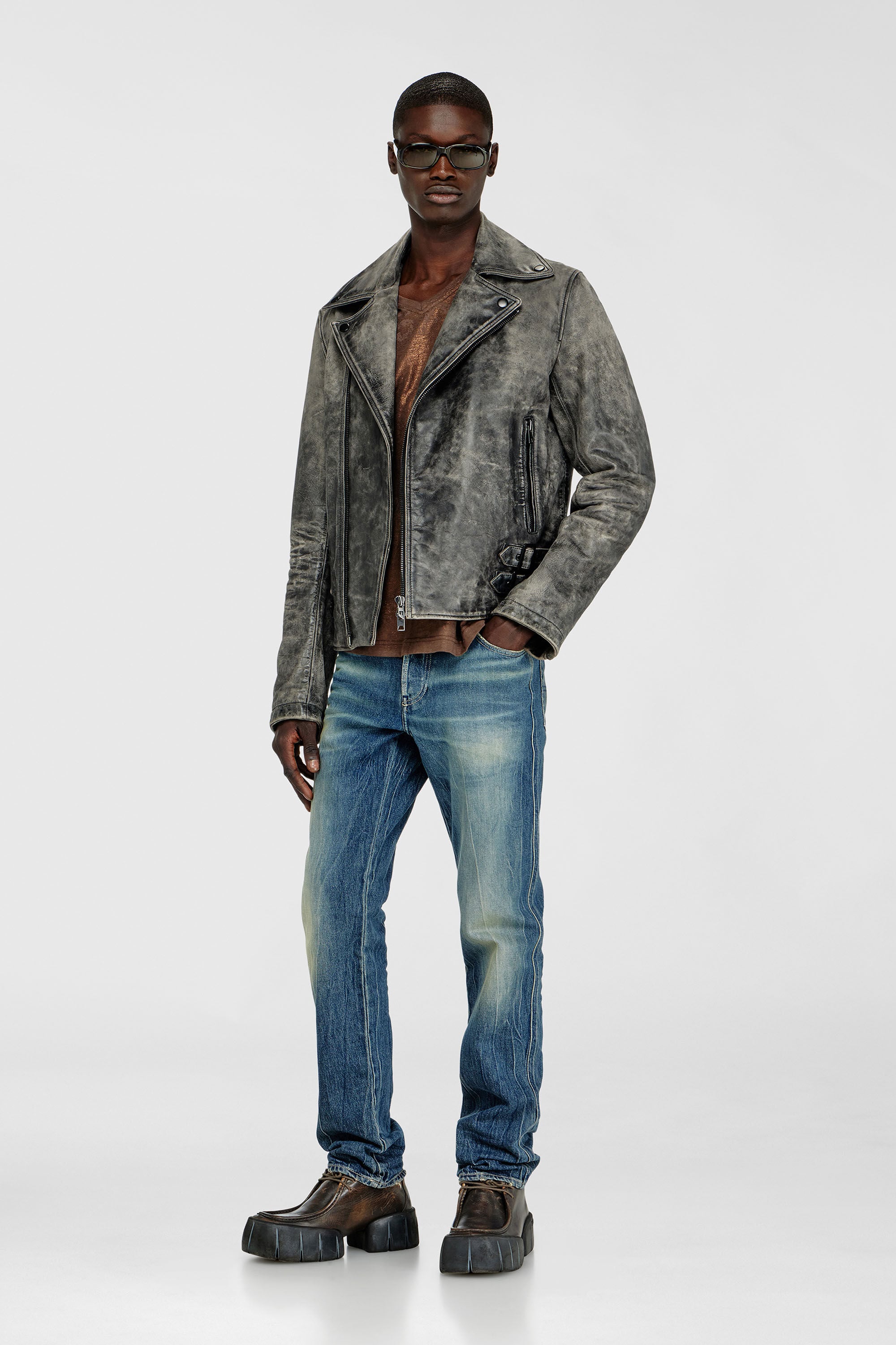 Diesel - L-EON-CJCM, Veste biker en cuir trait&eacute; Homme in Gris - 1