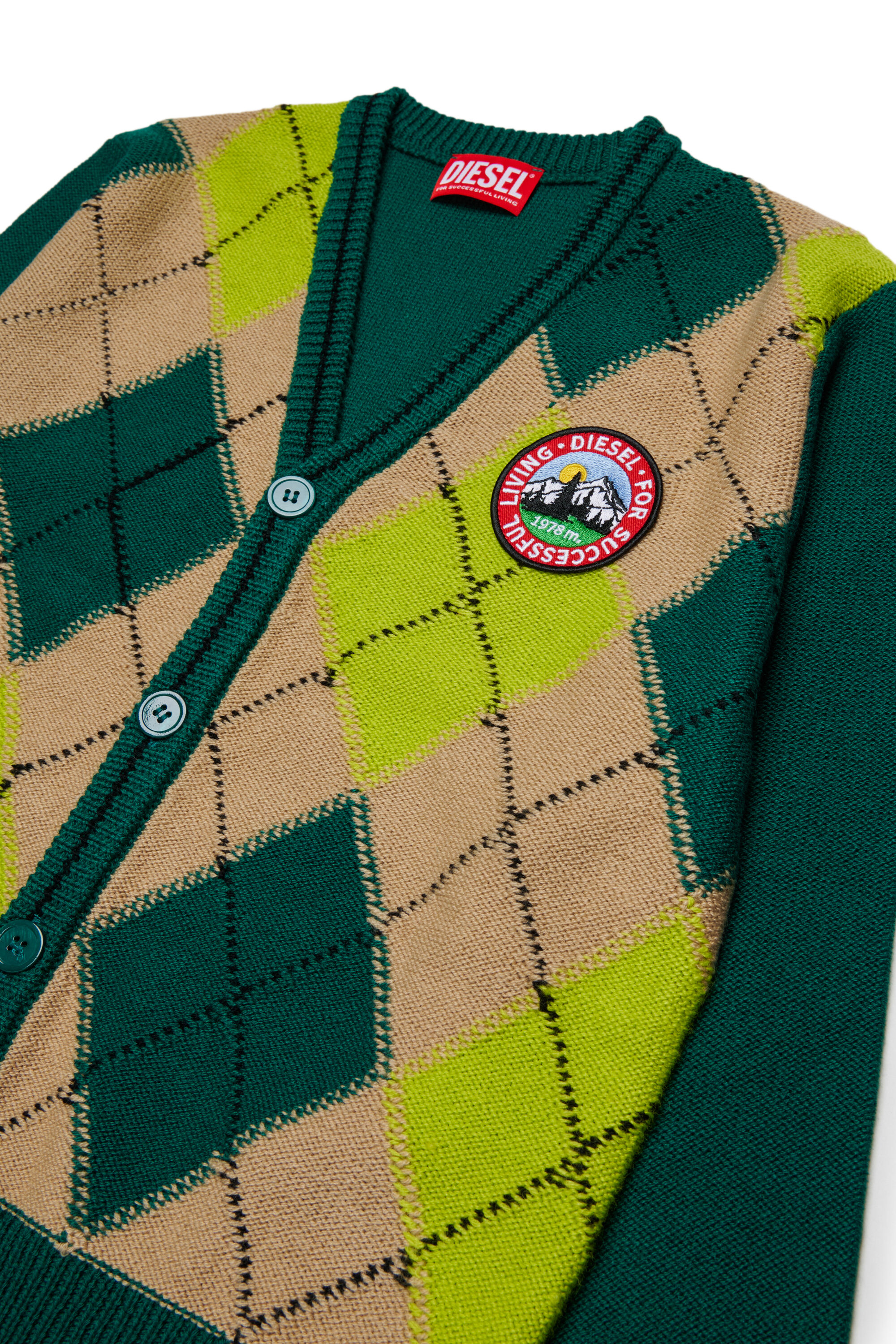 Diesel - KROMYCARDIGAN OVER, Cardigan en laine m&eacute;lang&eacute;e &agrave; motif argyle Mixte in Vert - 3