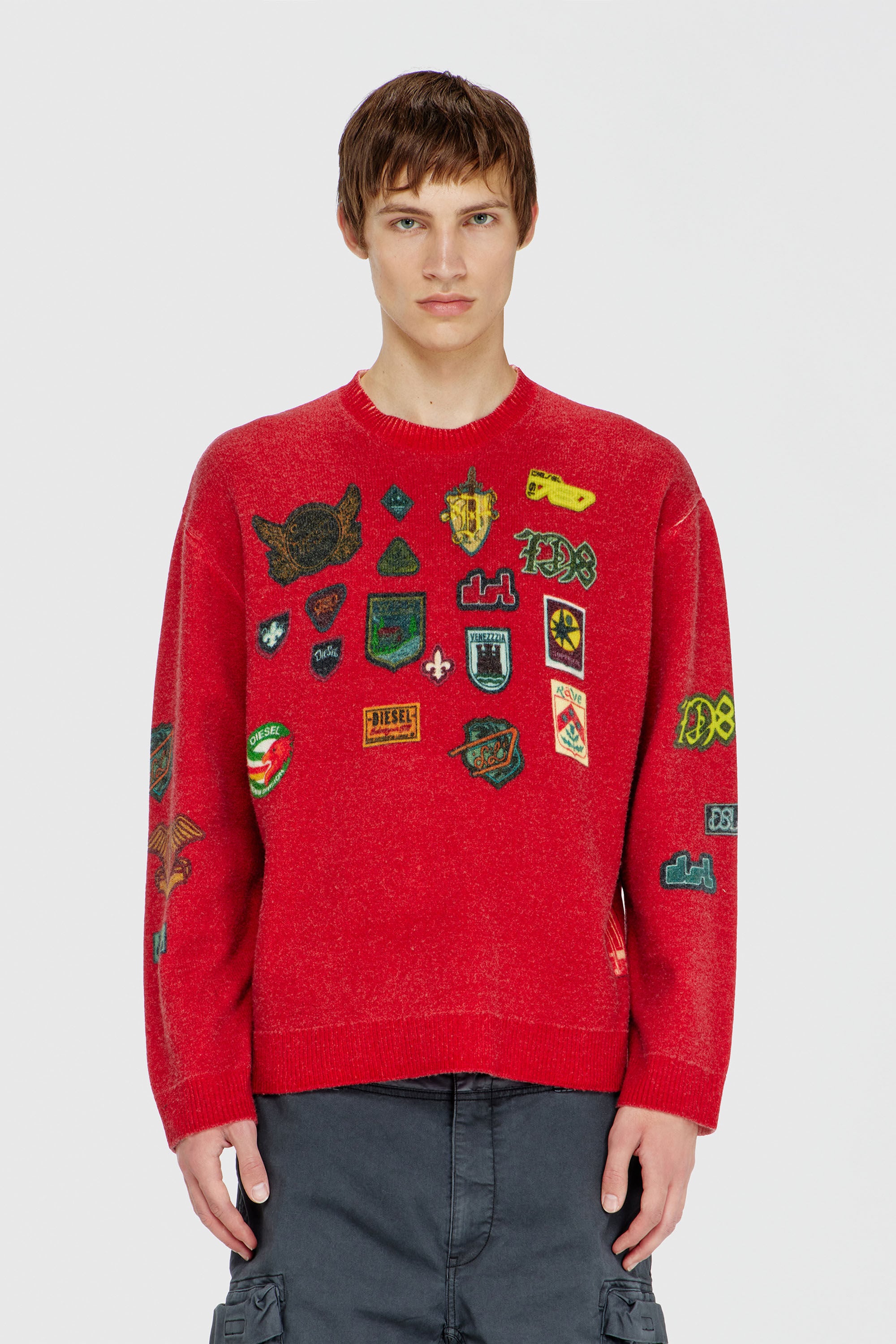 Diesel - K-PATCY, Pull en laine avec patchs imprim&eacute;s Homme in Rouge - 5