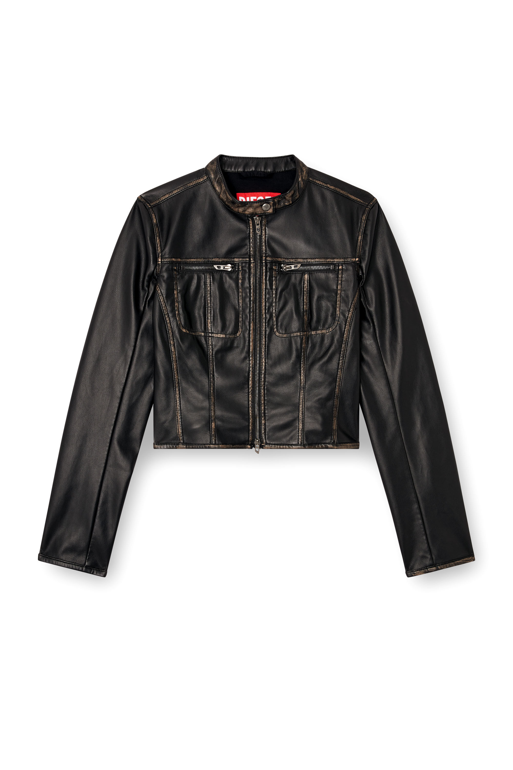 Diesel - G-LOBE, Veste biker crop effet vieilli Femme in Noir - 2