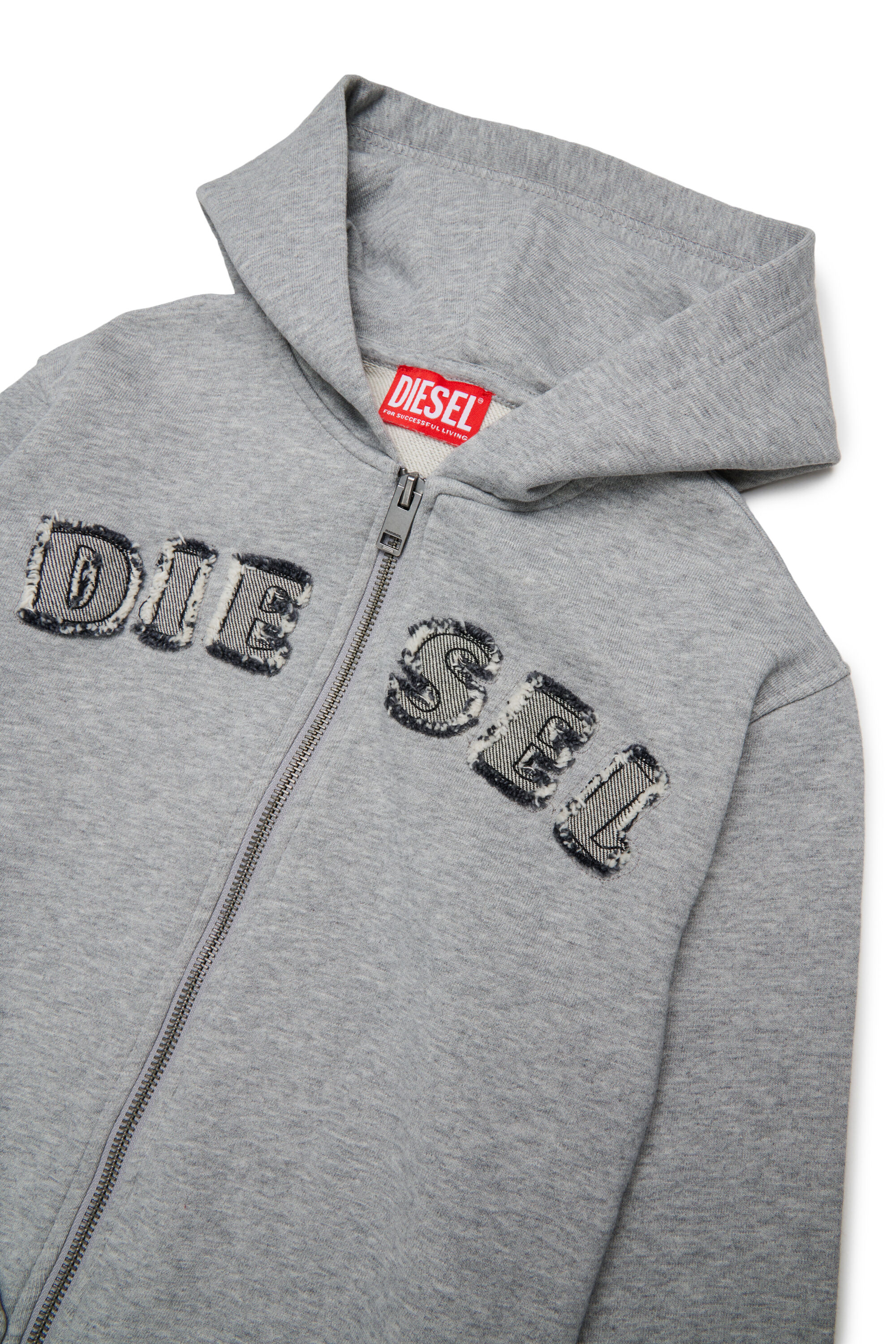 Diesel - SJEANSHOOD OVER, Sweat &agrave; capuche zipp&eacute; avec logo effiloch&eacute; Homme in Gris - 3