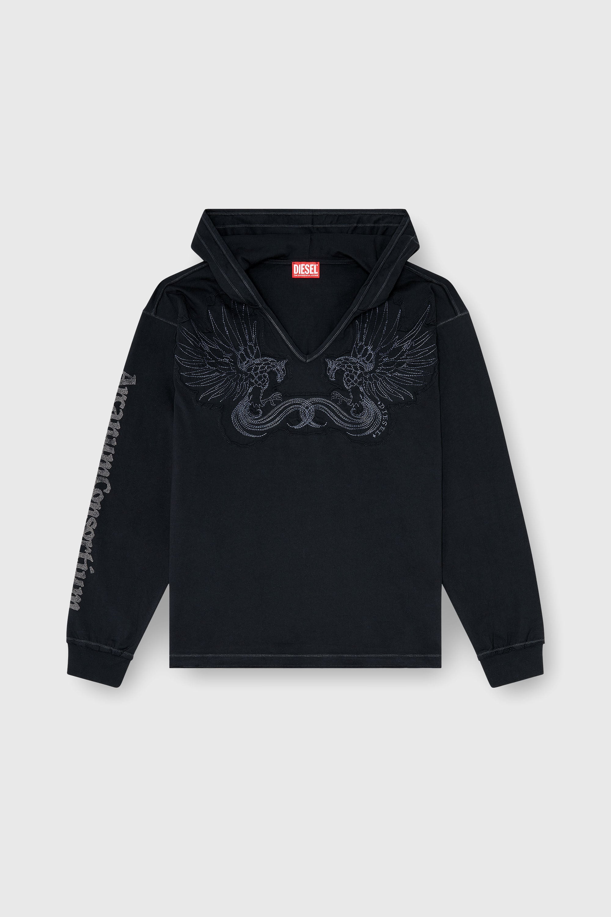 Diesel - T-PHEN-LS-HOOD-RIB, Sweat &agrave; capuche col V avec broderie sur le devant Homme in Noir - 2