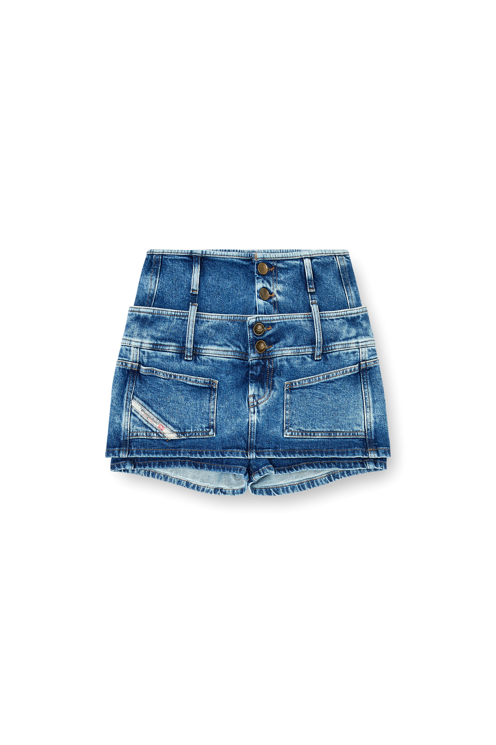 Diesel - DE-CORIVA-S, Mini-jupe-short en denim &agrave; double taille Femme in Bleu - 2