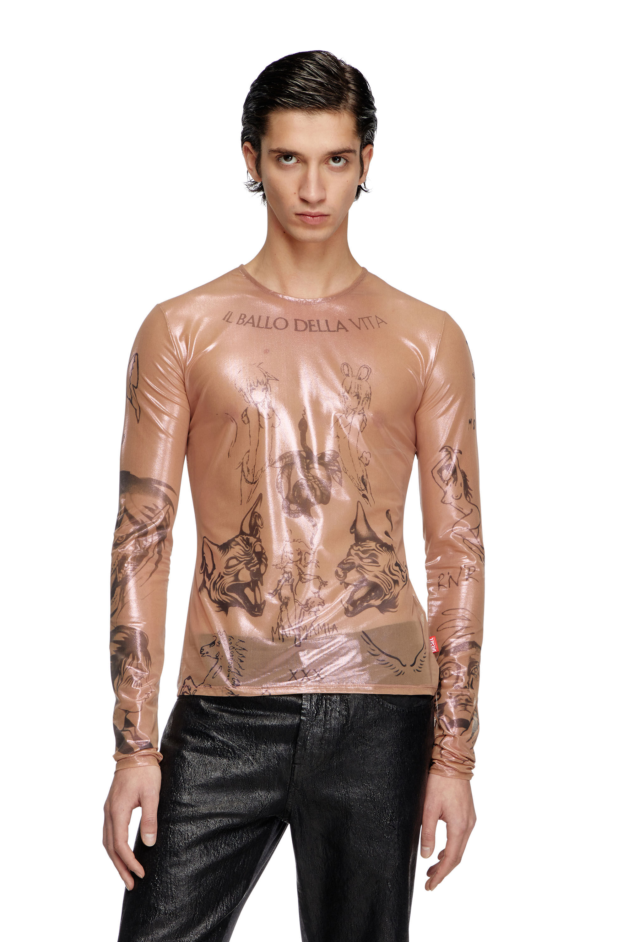Diesel - T-CLAUDE-DD, Top tatouage en tulle stretch enduit Mixte in Rose - 3