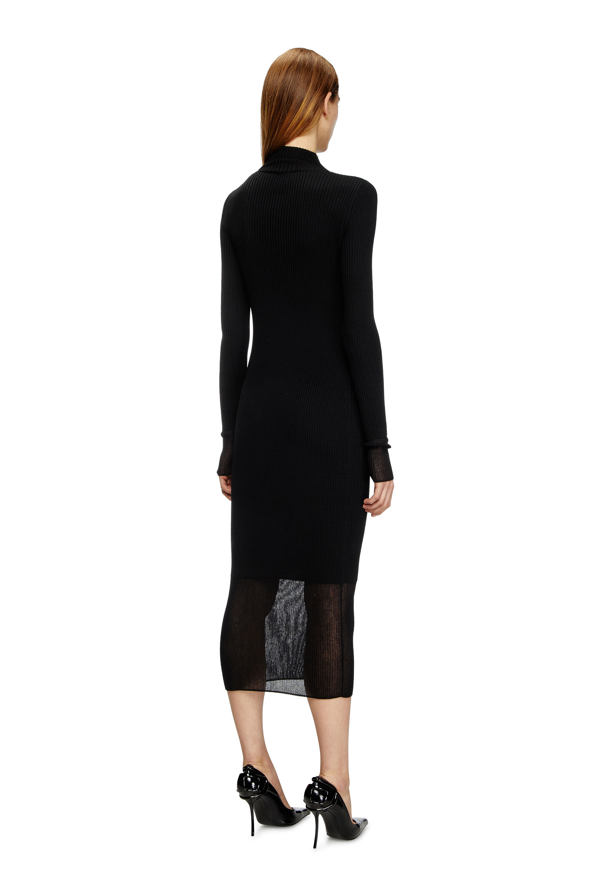 Diesel - M-SLINT, Robe midi en maille côtelée avec empiècements transparents Femme in Noir - 4