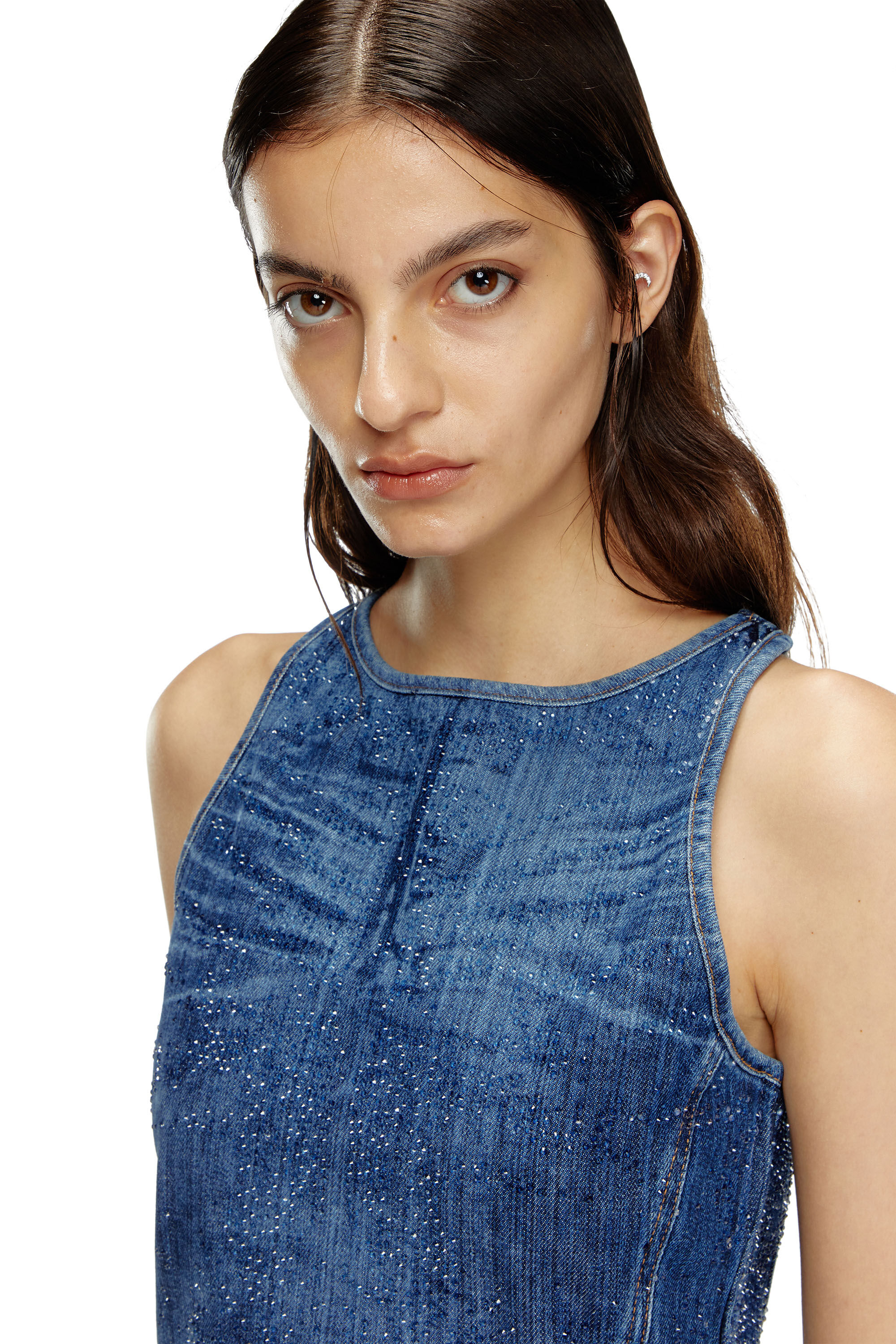 Diesel - DE-PLAQUE-S, Top dos nageur en denim strass Femme in Bleu - 5