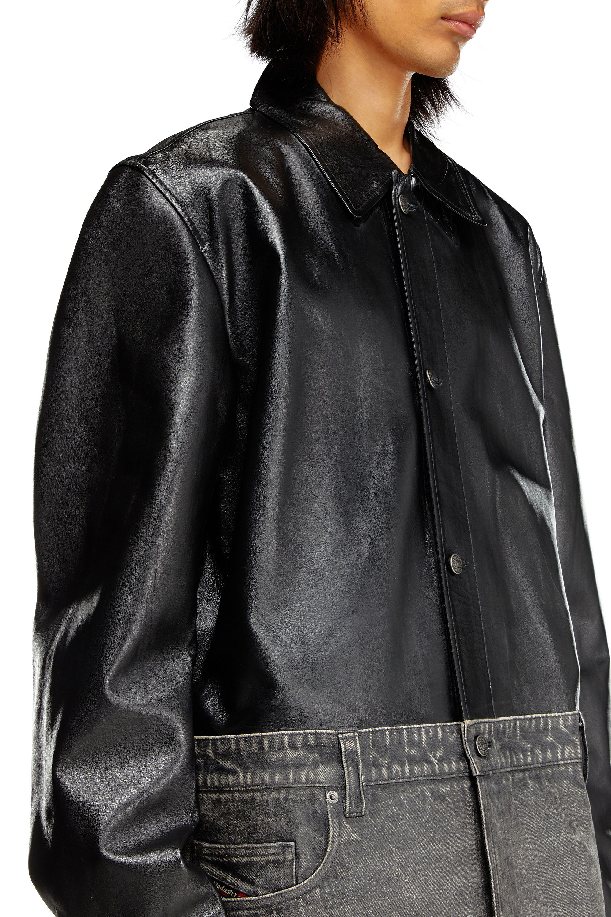 Veste chemise en cuir et denim Homme Noir Diesel