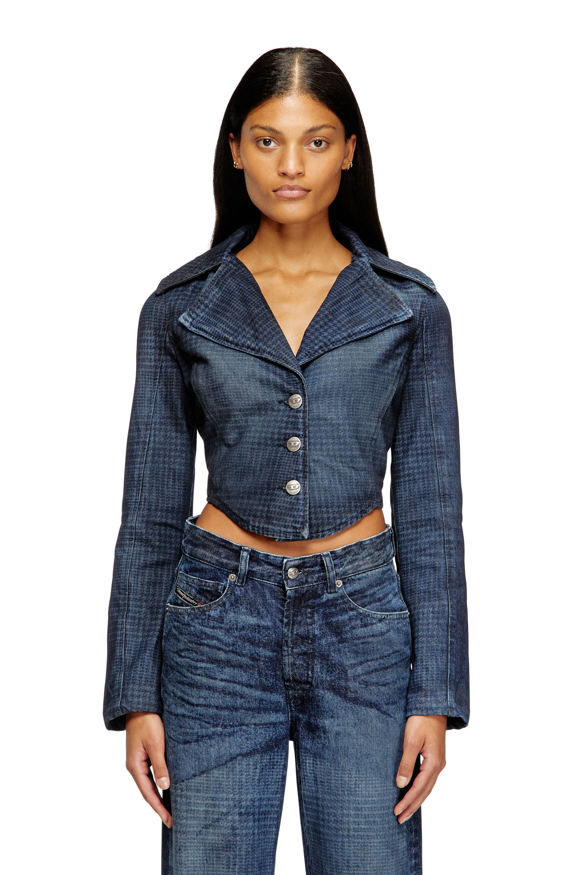 Diesel - DE-ALI-S, Veste courte en denim Prince de Galles Femme in Bleu - 2