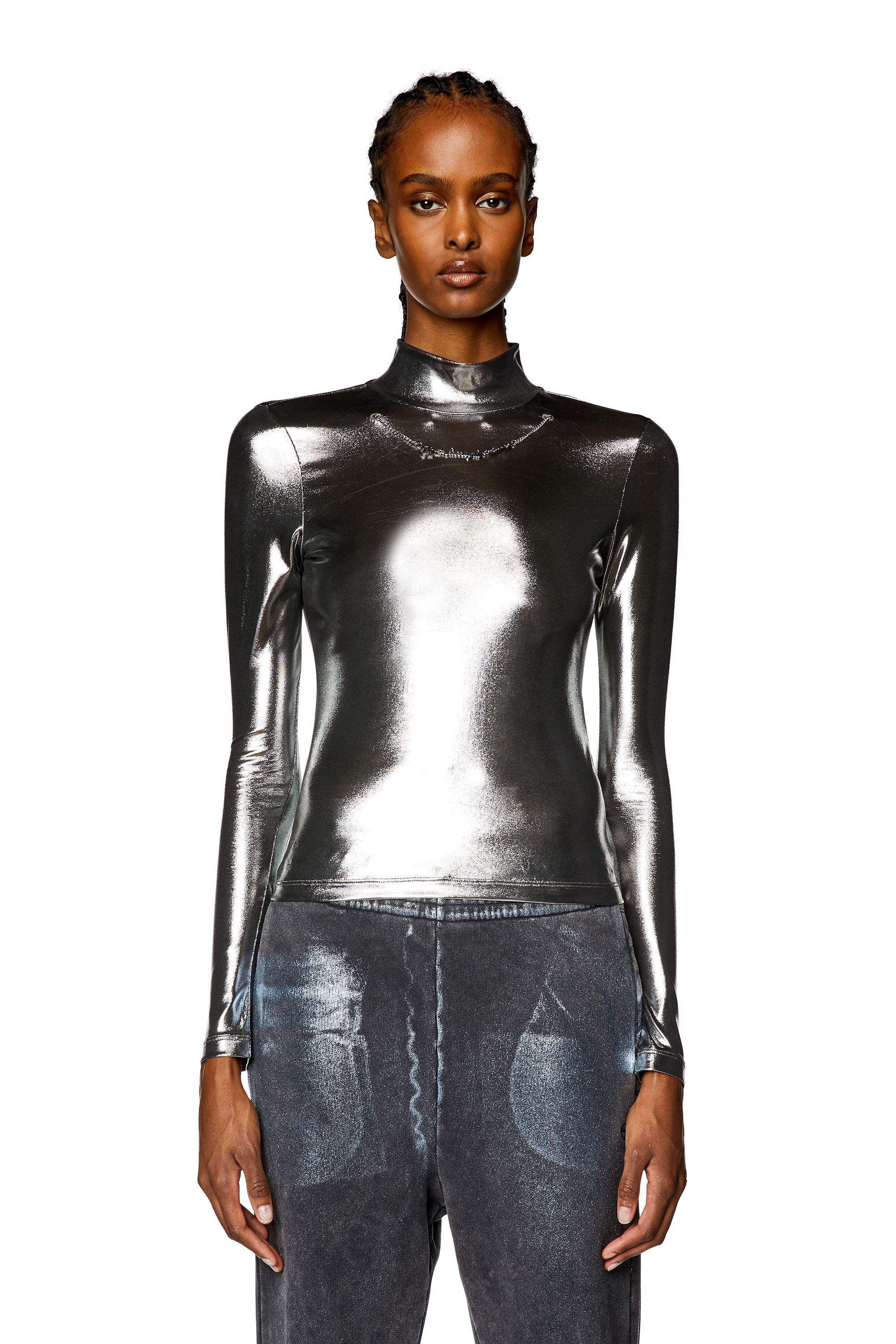 Diesel - T-META, Top métallisé avec détail chaîne Femme in Noir - 6